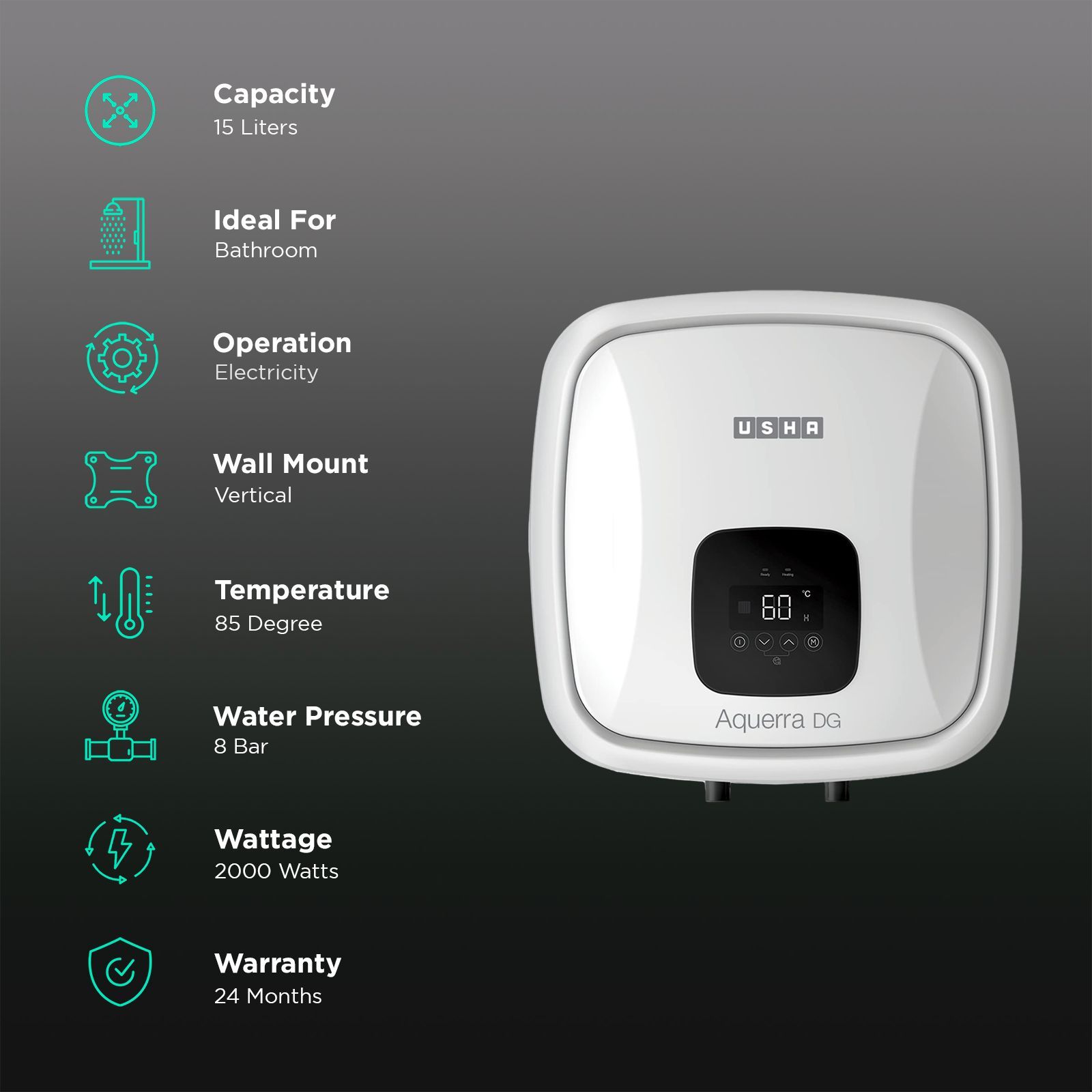 USHA Aquerra DG 15 Litre 5 Star Vertical Storage Geyser with Thermal Cutoff (White)_3