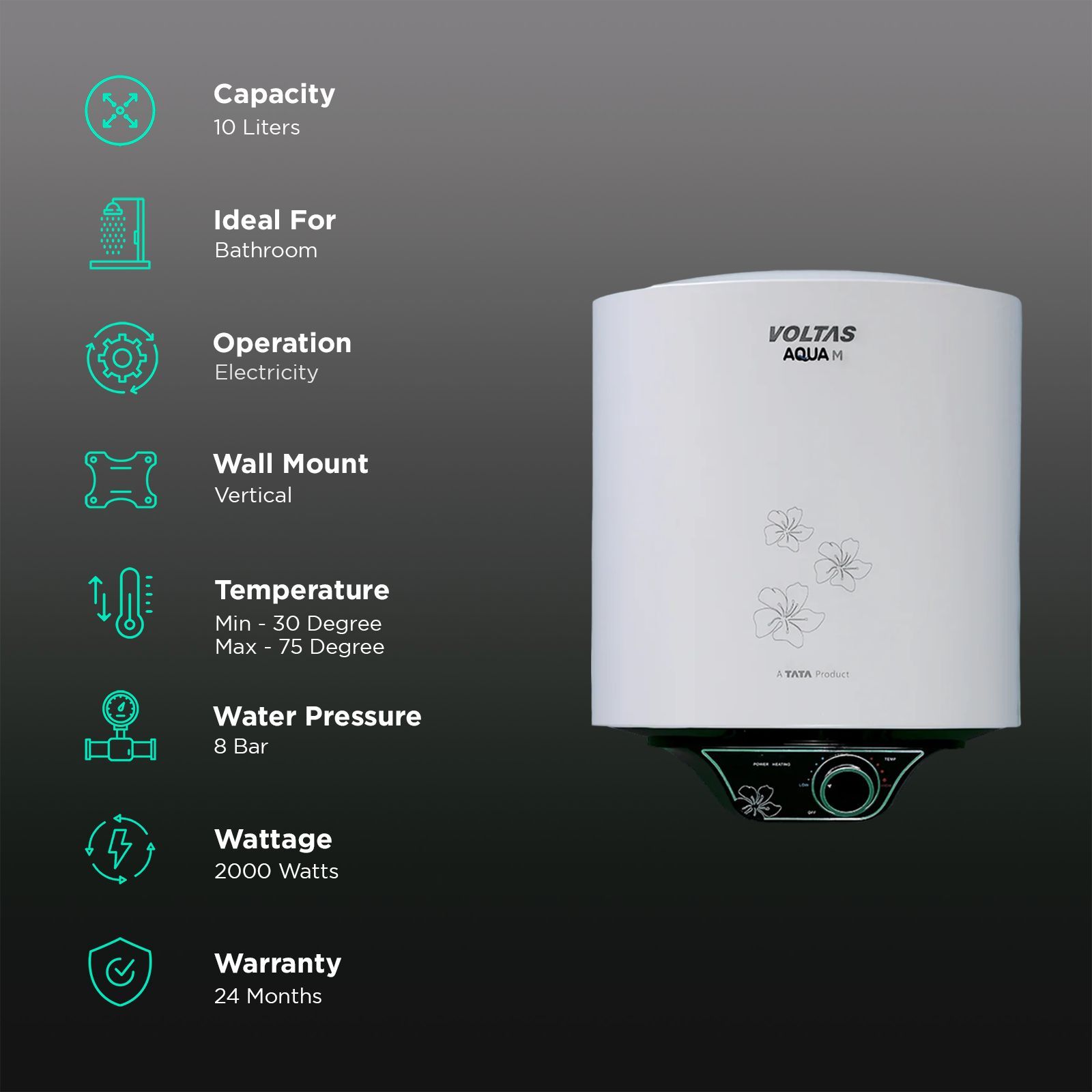 VOLTAS Aqua M 10 Litre 5 Star Vertical Storage Geyser with Quartzline Coating (Grey) VOLTAS Aqua M 10 Litre 5 Star Vertical Storage Geyser with Quartzline Coating (Grey)_3