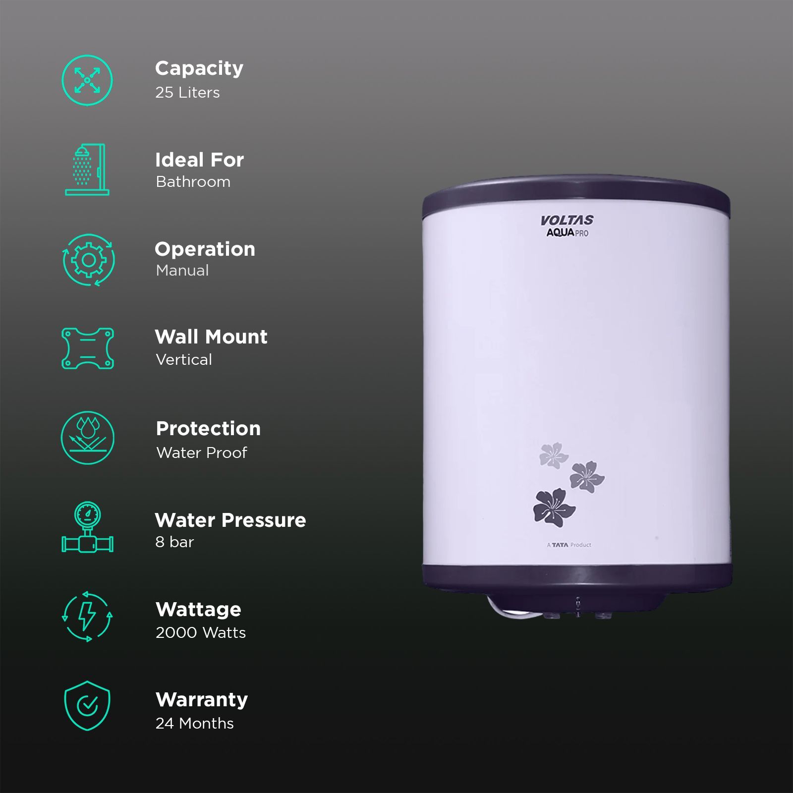 VOLTAS Aqua Pro 25 Litre 5 Star Vertical Storage Geyser with Intelligent Design (Grey)_3