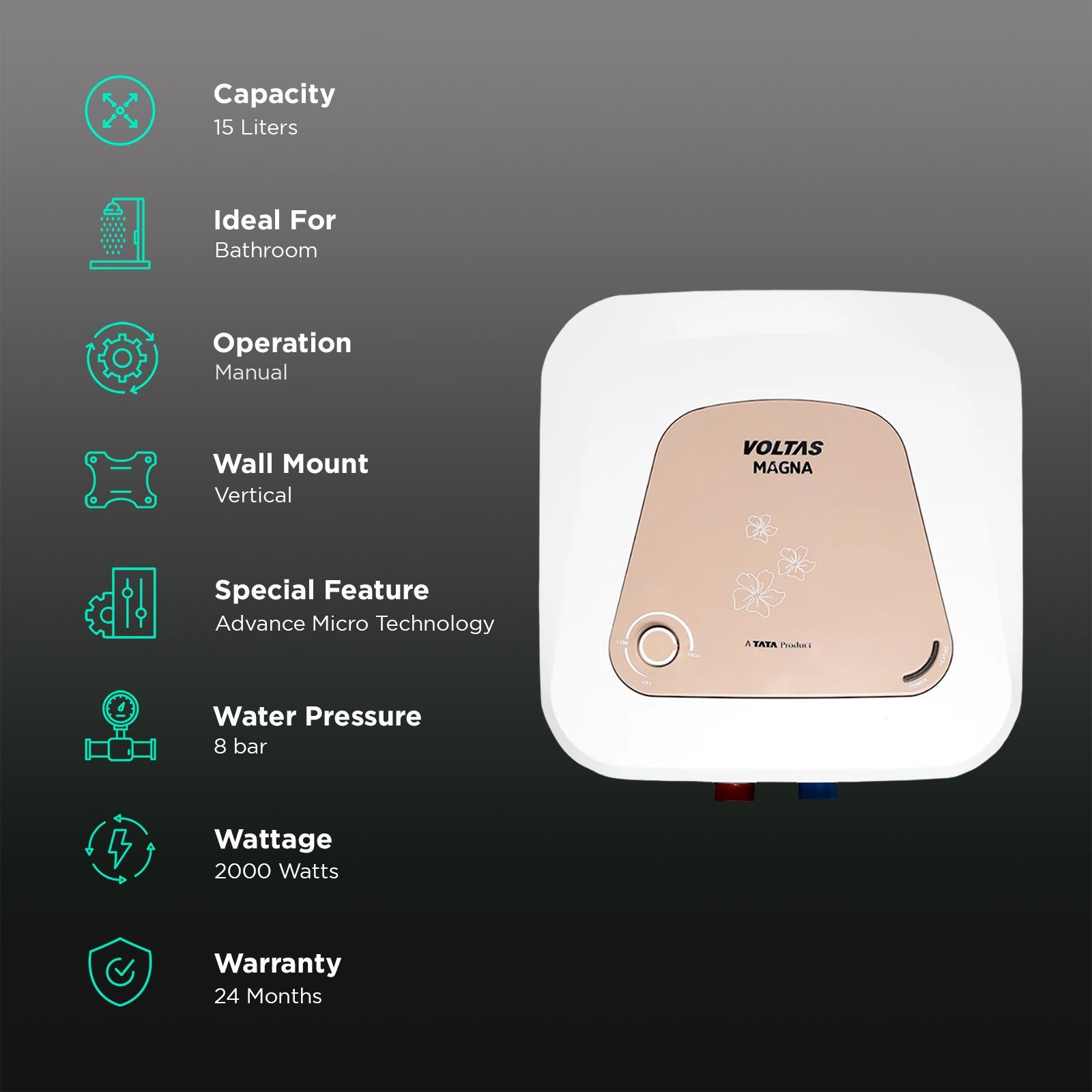 VOLTAS Magna 15 Litre 5 Star Vertical Storage Geyser with Quartzline Coating (White)_3