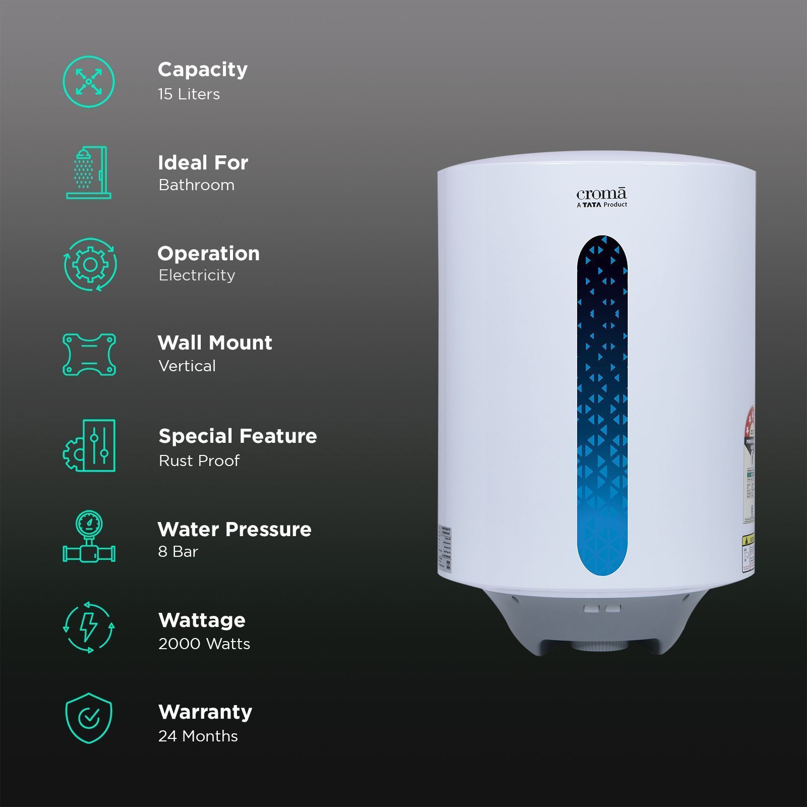 Croma AV5111 15 Litres 5 Star Vertical Storage Geyser with Temperature Control Knob (White)_3
