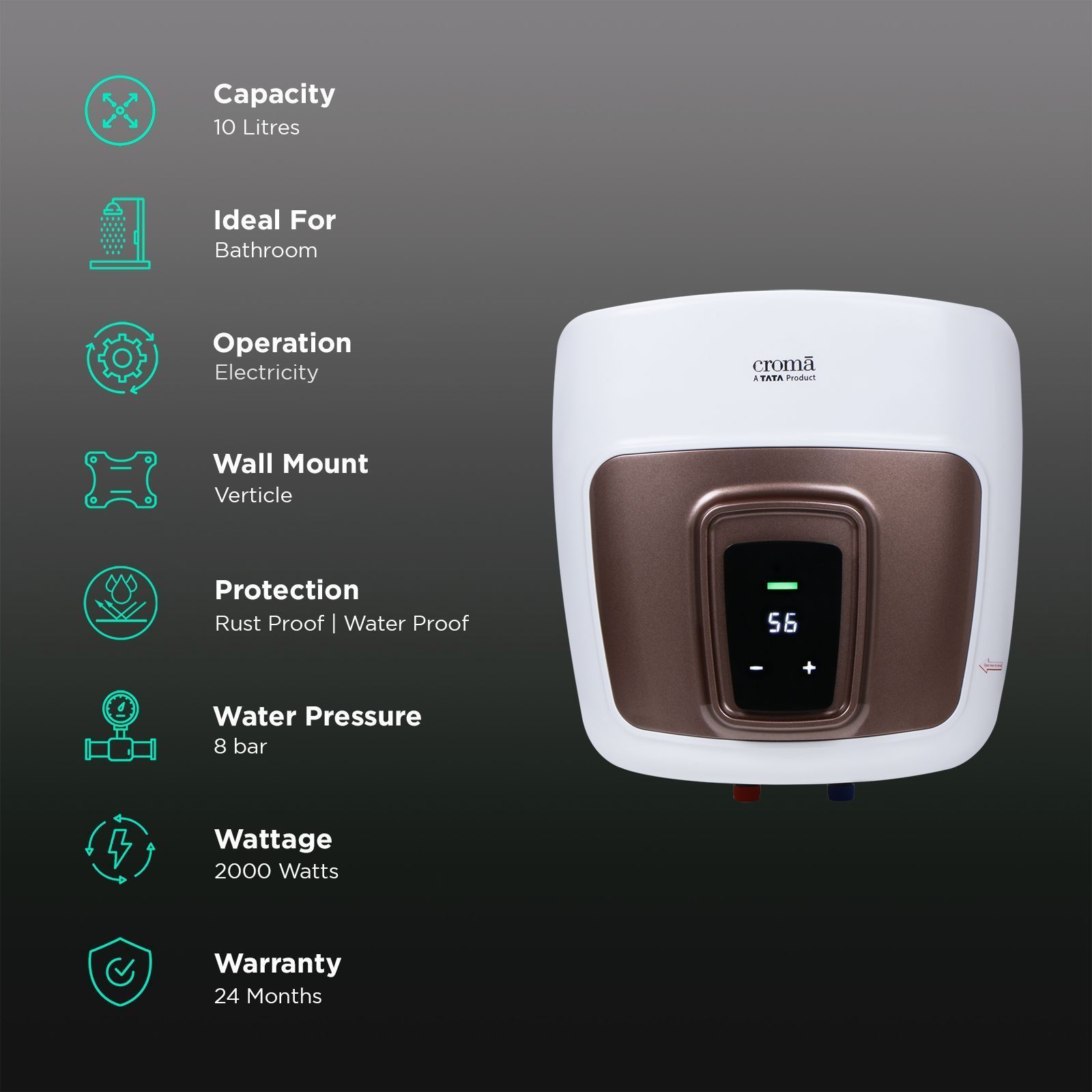 Croma AV5112 10 Litres 5 Star Vertical Storage Geyser with LED Display (White)_3