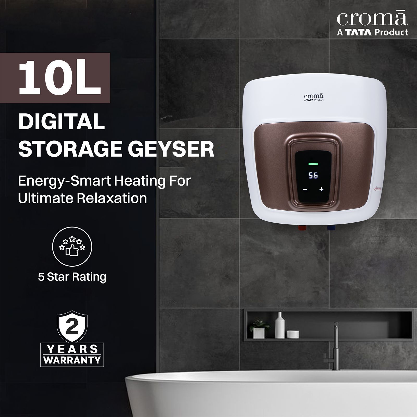 Croma AV5112 10 Litres 5 Star Vertical Storage Geyser with LED Display (White)_9