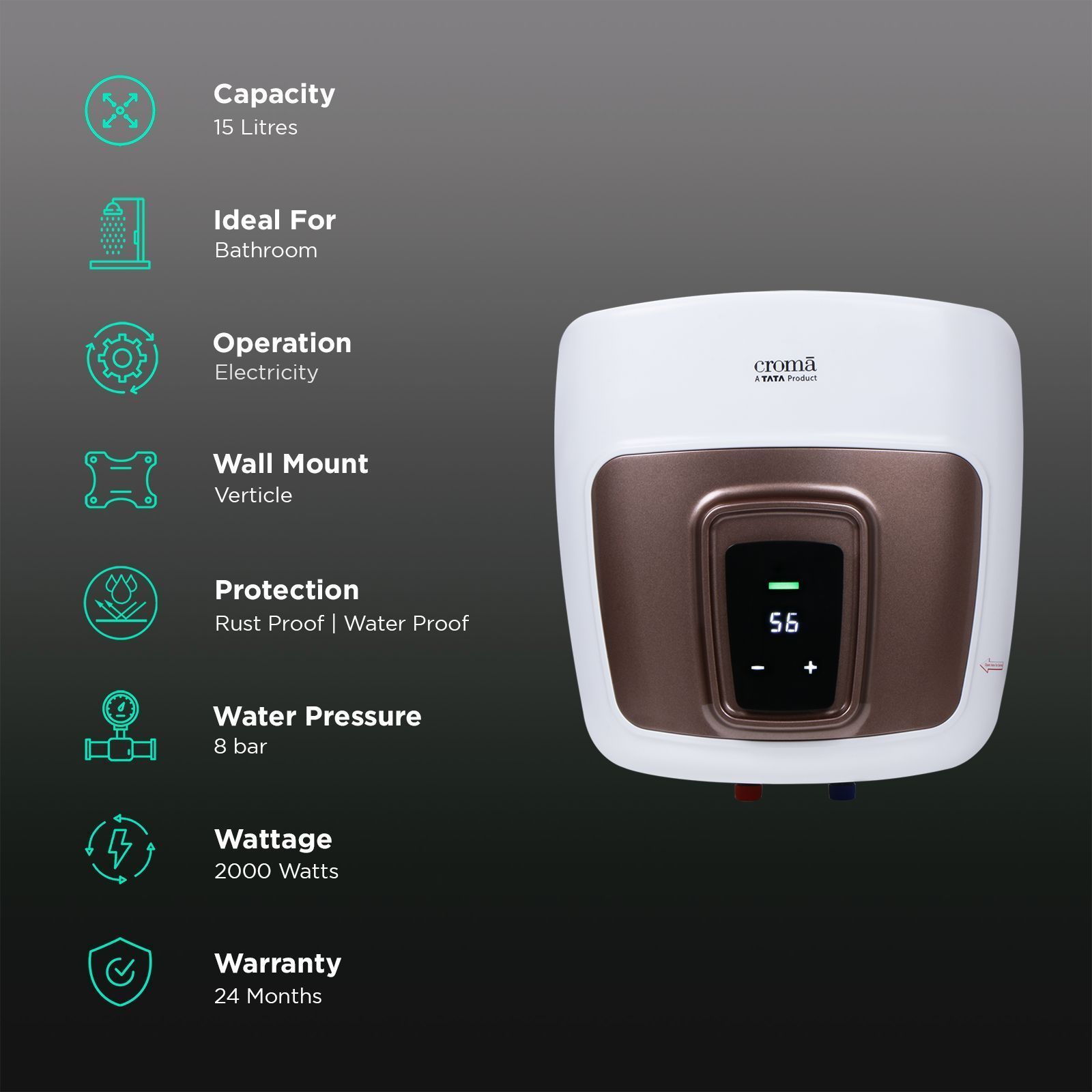 Croma AV5113 15 Litres 5 Star Vertical Storage Geyser with LED Display (White)_3