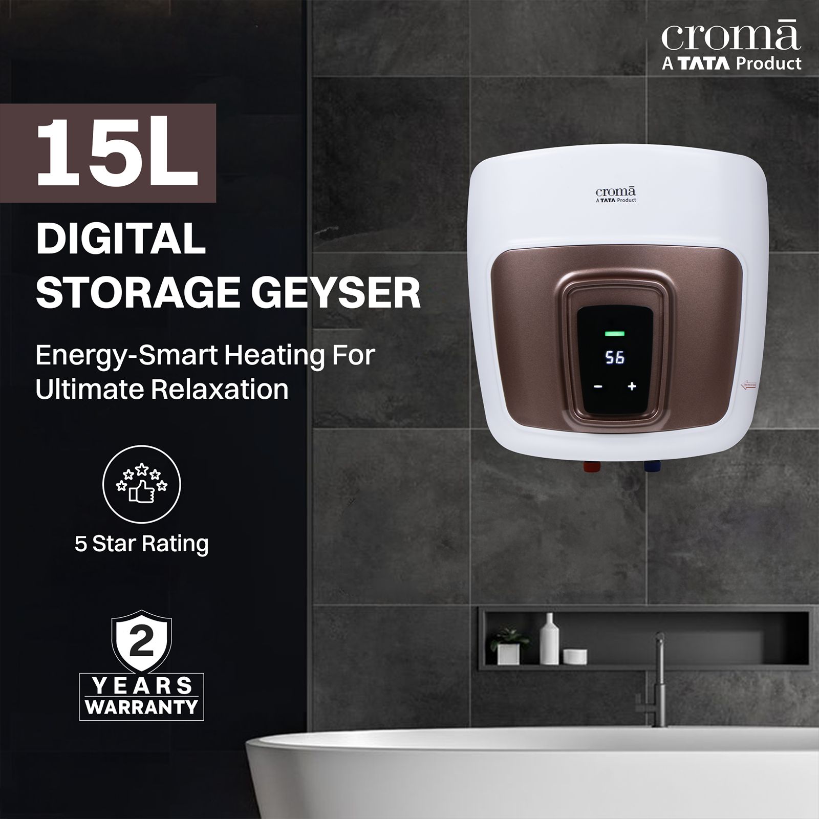 Croma AV5113 15 Litres 5 Star Vertical Storage Geyser with LED Display (White)_9