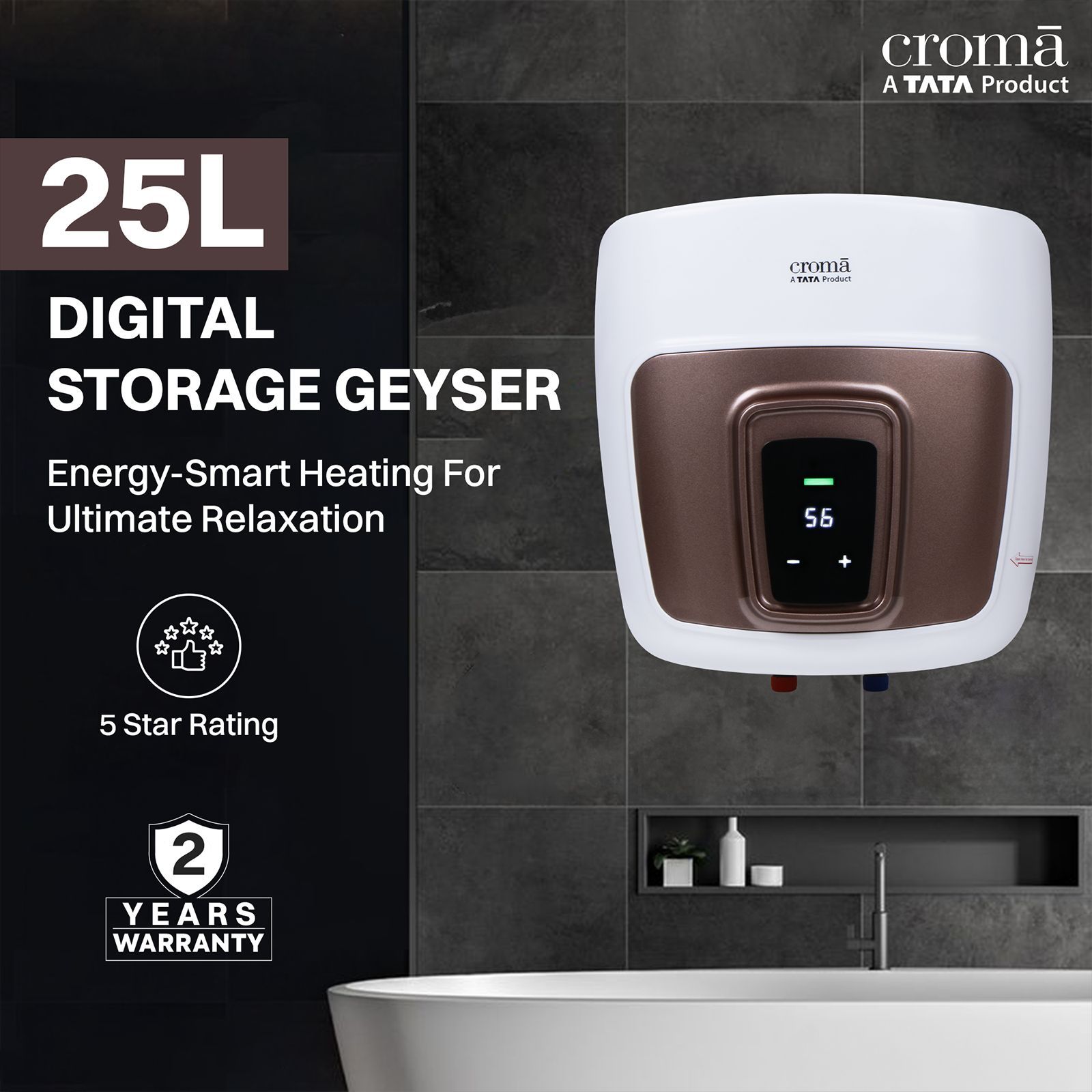 Croma AV5114 25 Litres 5 Star Vertical Storage Geyser with LED Display (White)_9