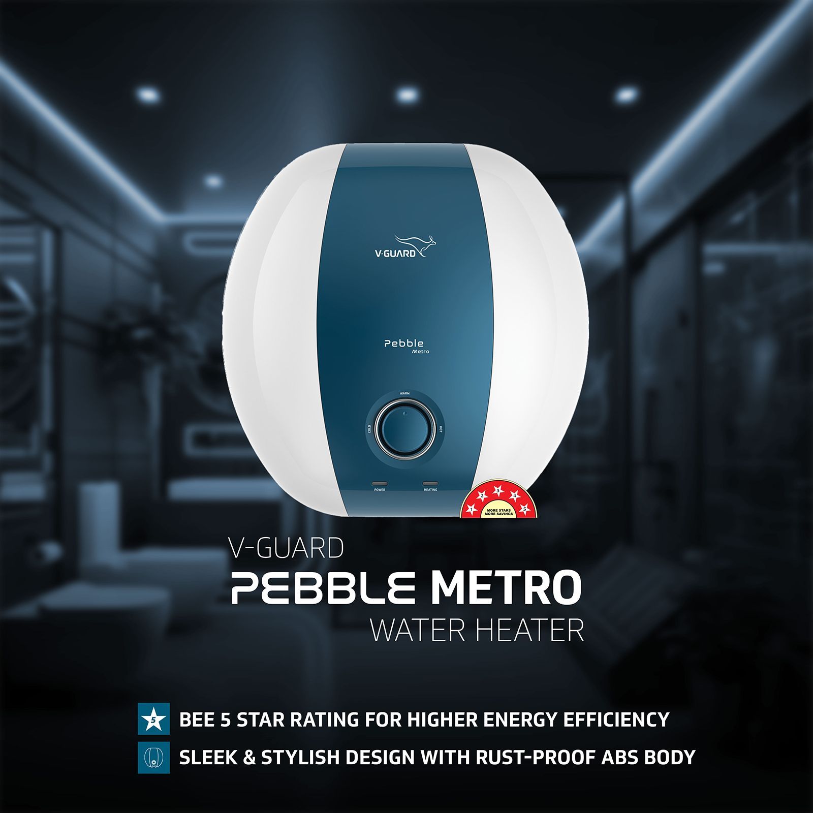 V-Guard Pebble Metro 25 Litre 5 Star Vertical Storage Geyser with Energy Saving Technology (White) V-Guard Pebble Metro 25 Litre 5 Star Vertical Storage Geyser with Energy Saving Technology (White)_4