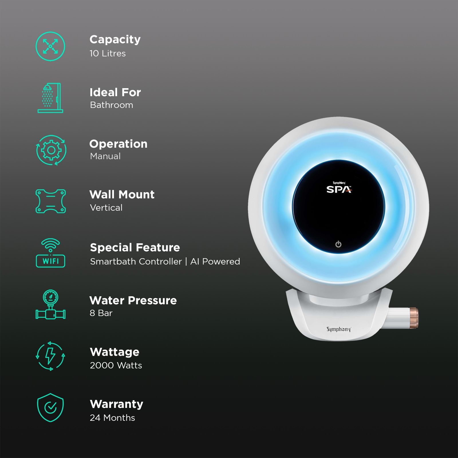 Symphony SPA 10 Litre 5 Star Vertical Storage Geyser with PUROPOD 9-Layer Advanced Water Filtration Technology (White & Grey)_3