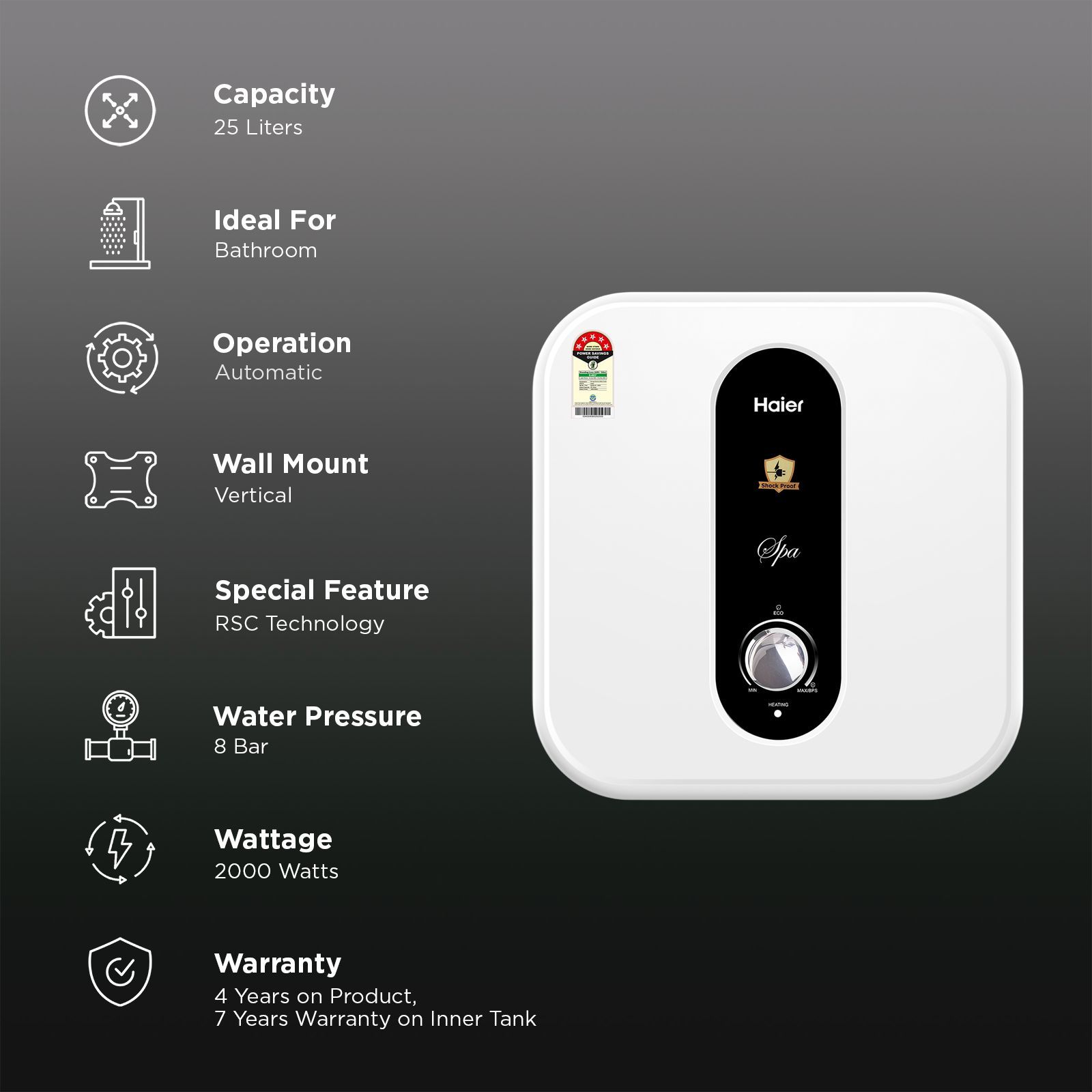 Haier SPA 25 Litre 5 Star Vertical Storage Geyser with RSC Technology (White) Haier SPA 25 Litre 5 Star Vertical Storage Geyser with RSC Technology (White)_2