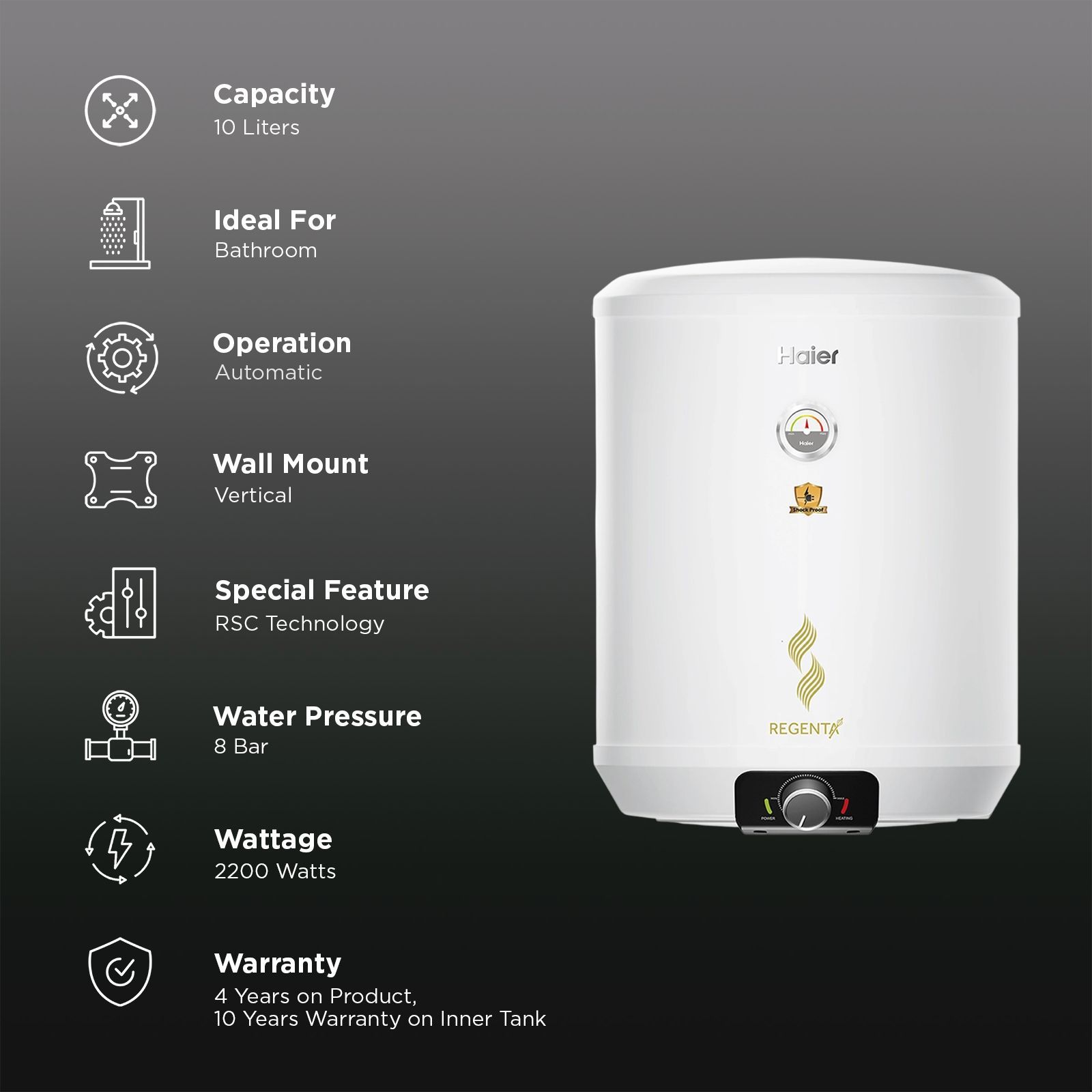 Haier REGENTA 10 Litre 5 Star Vertical Storage Geyser with RSC Technology (White) Haier REGENTA 10 Litre 5 Star Vertical Storage Geyser with RSC Technology (White)_3
