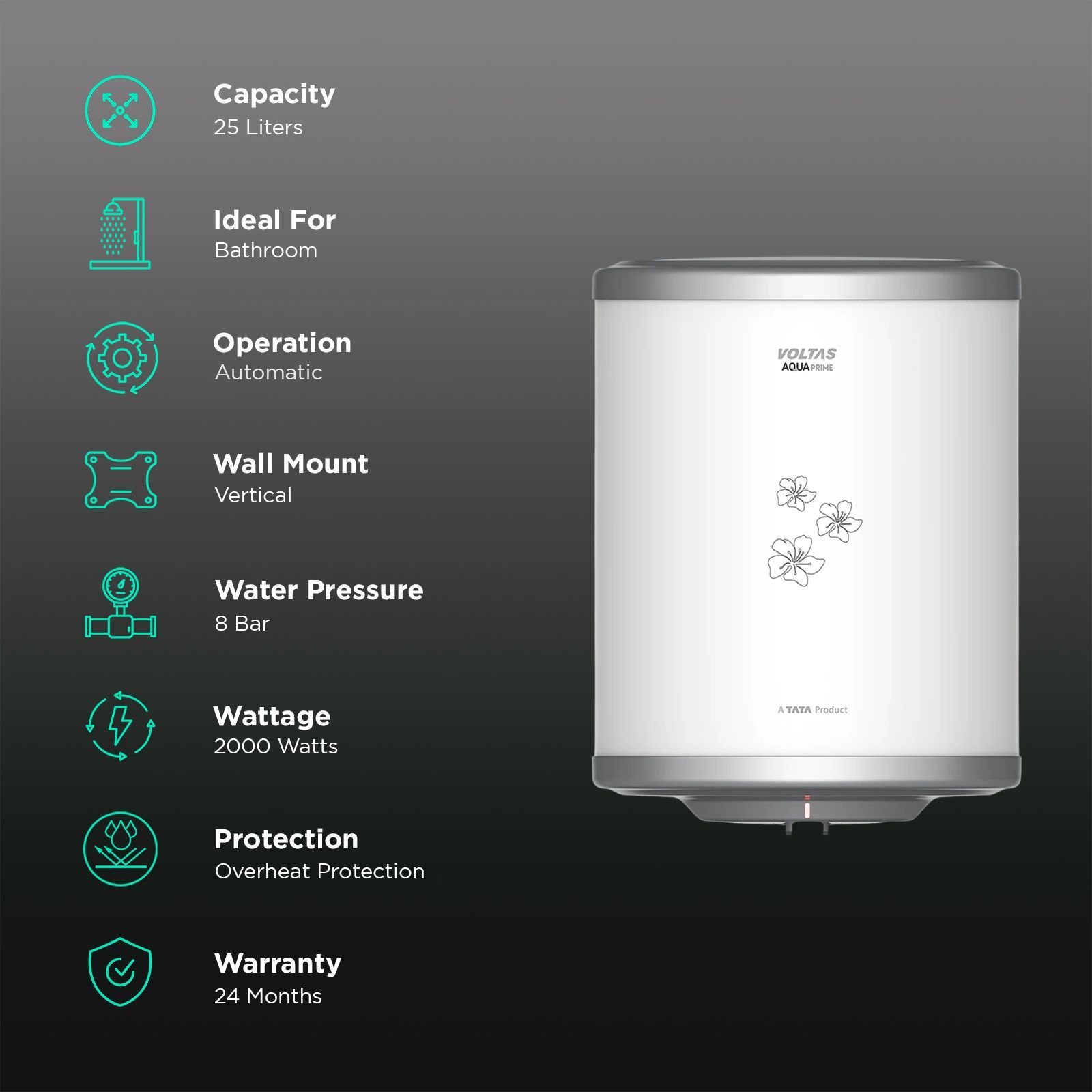 VOLTAS Aqua Prime 25 Litre 4 Star Vertical Storage Geyser with Quartzline Technology (White & Silver) VOLTAS Aqua Prime 25 Litre 4 Star Vertical Storage Geyser with Quartzline Technology (White & Silver)_2
