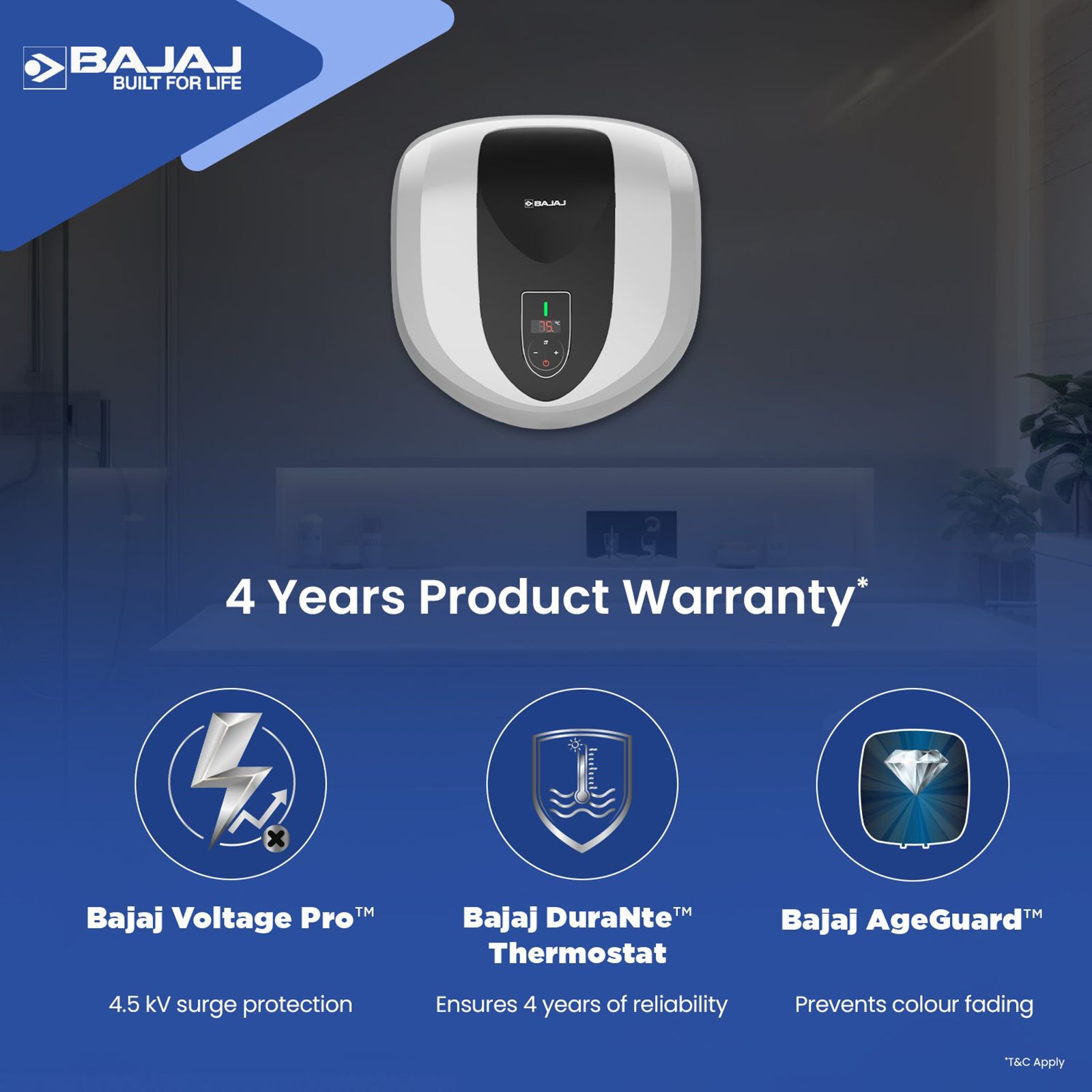 BAJAJ Eternal Pentacle Digi 15 Litre 5 Star Vertical Storage Geyser with Swirlflow Technology (White & Black)_8