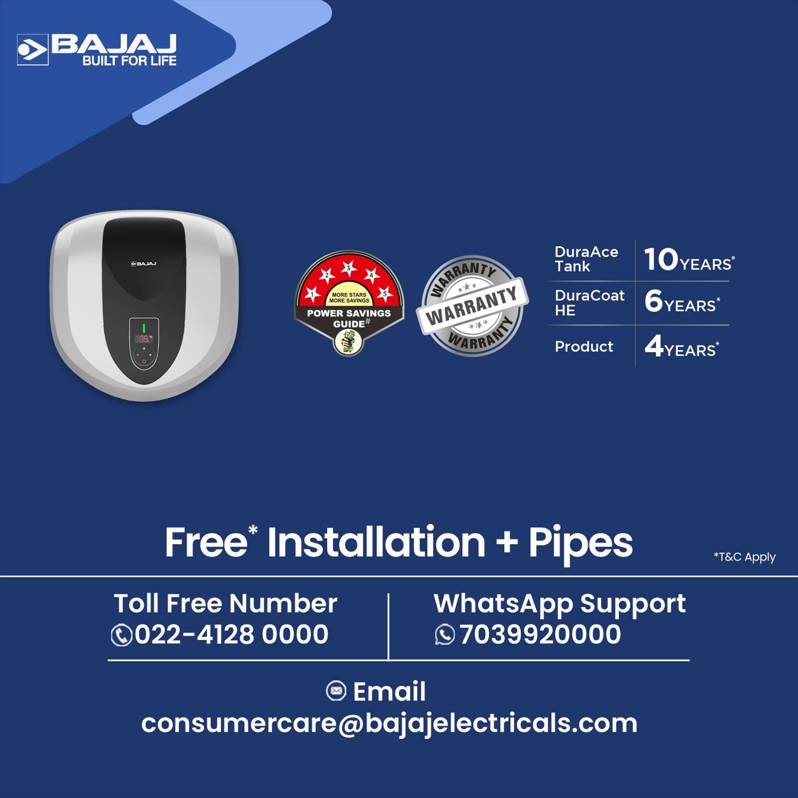 BAJAJ Eternal Pentacle Digi 15 Litre 5 Star Vertical Storage Geyser with Swirlflow Technology (White & Black)_9