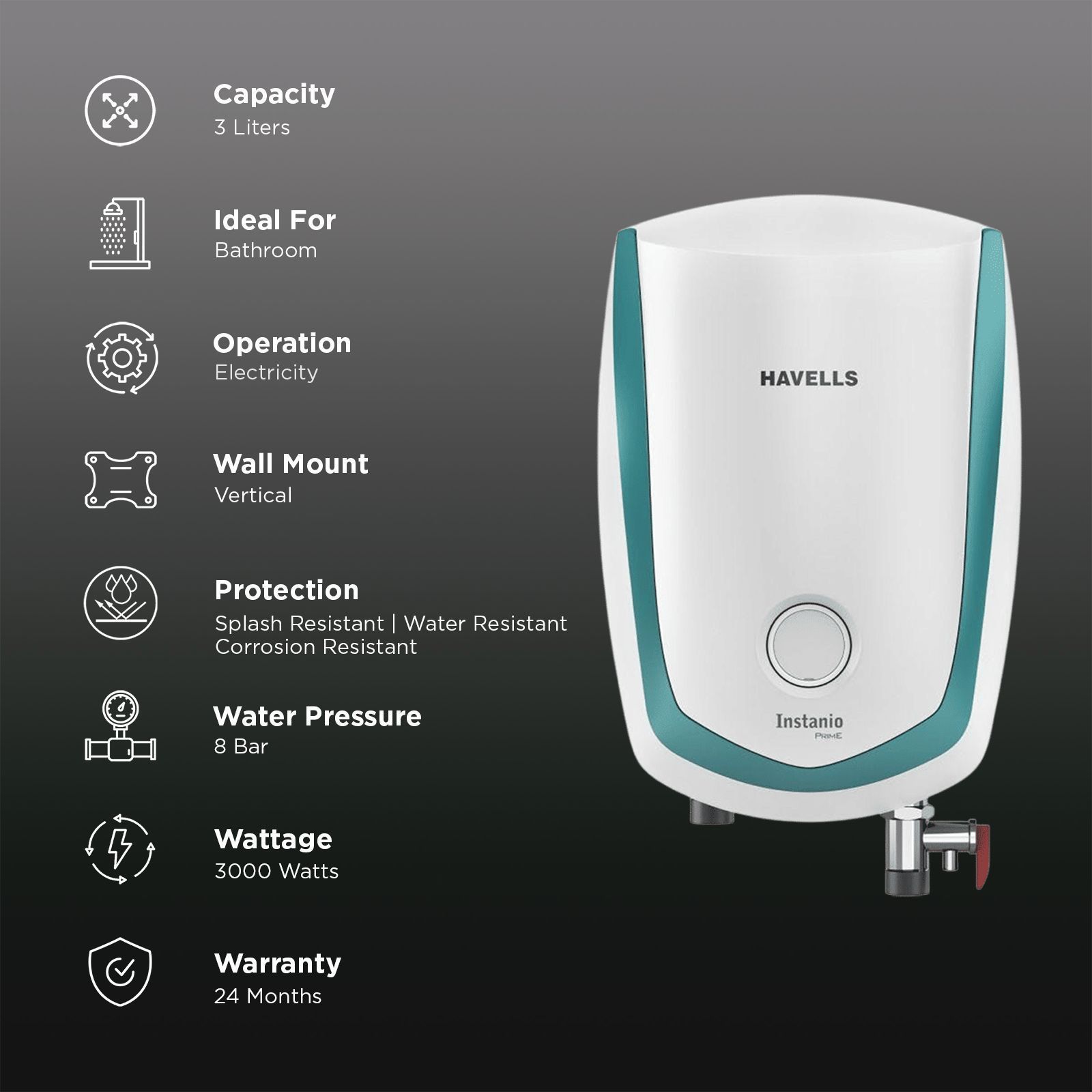 HAVELLS Instanio Prime 3 Litre Vertical Instant Geyser with Feroglas Technology (White & Blue)_3