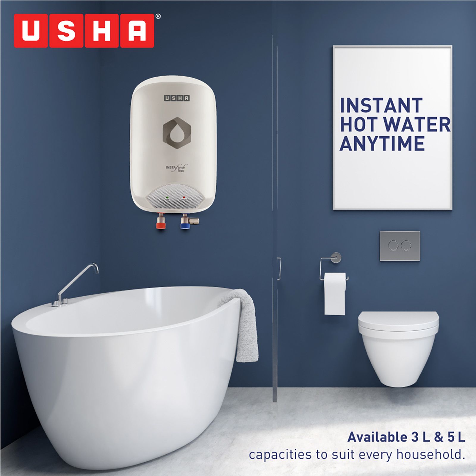 USHA Instafresh Neo 5 Litre Vertical Instant Geyser with Whirl Flow Technology (White)_4
