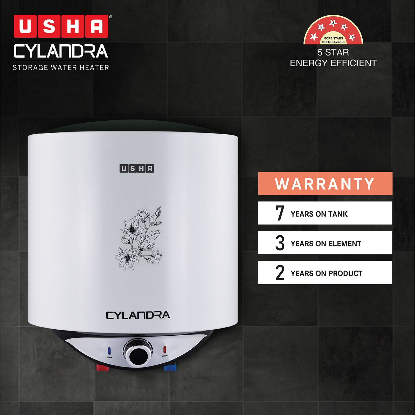 USHA Cylandra 15 Litre 5 Star Vertical Storage Geyser with Whirl Flow Technology (White)_5