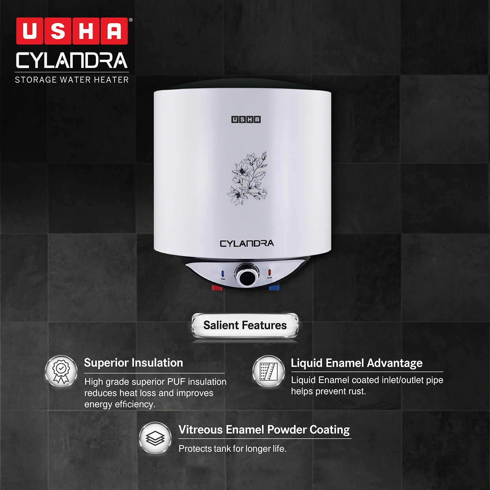 USHA Cylandra 25 Litre 5 Star Vertical Storage Geyser with Whirl Flow Technology (White)_5