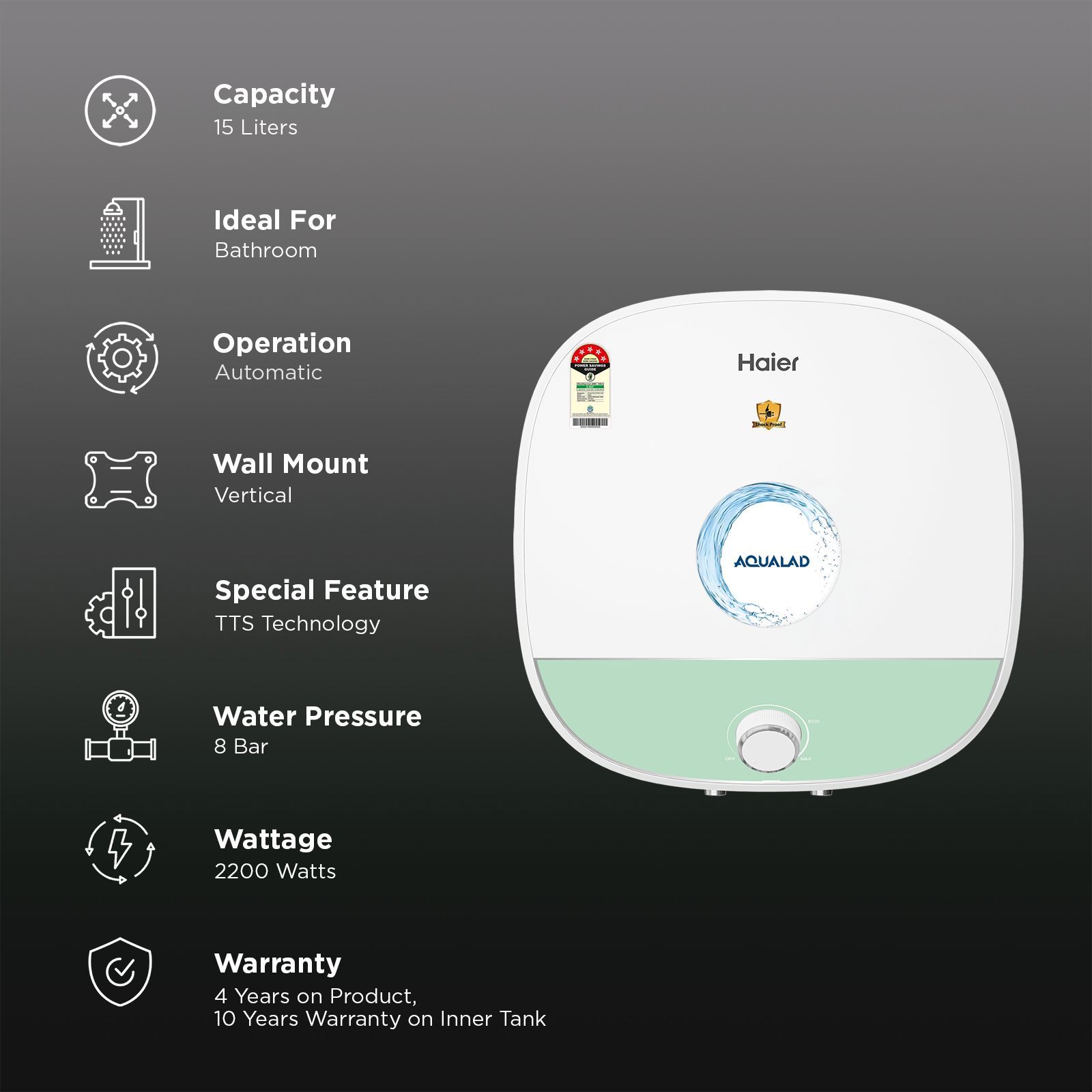 Haier ES15V-AQUALAD 15 Litre 5 Star Vertical Storage Geyser with Bacteria Proof System (Green)_3