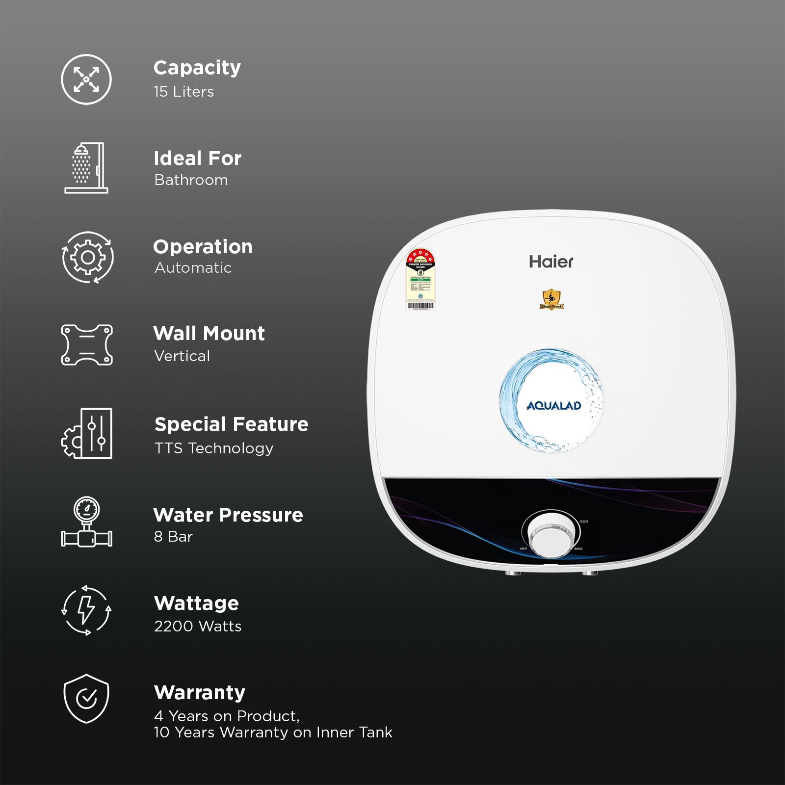 Haier ES15V-AQUALAD 15 Litre 5 Star Vertical Storage Geyser with Bacteria Proof System (Black)_3