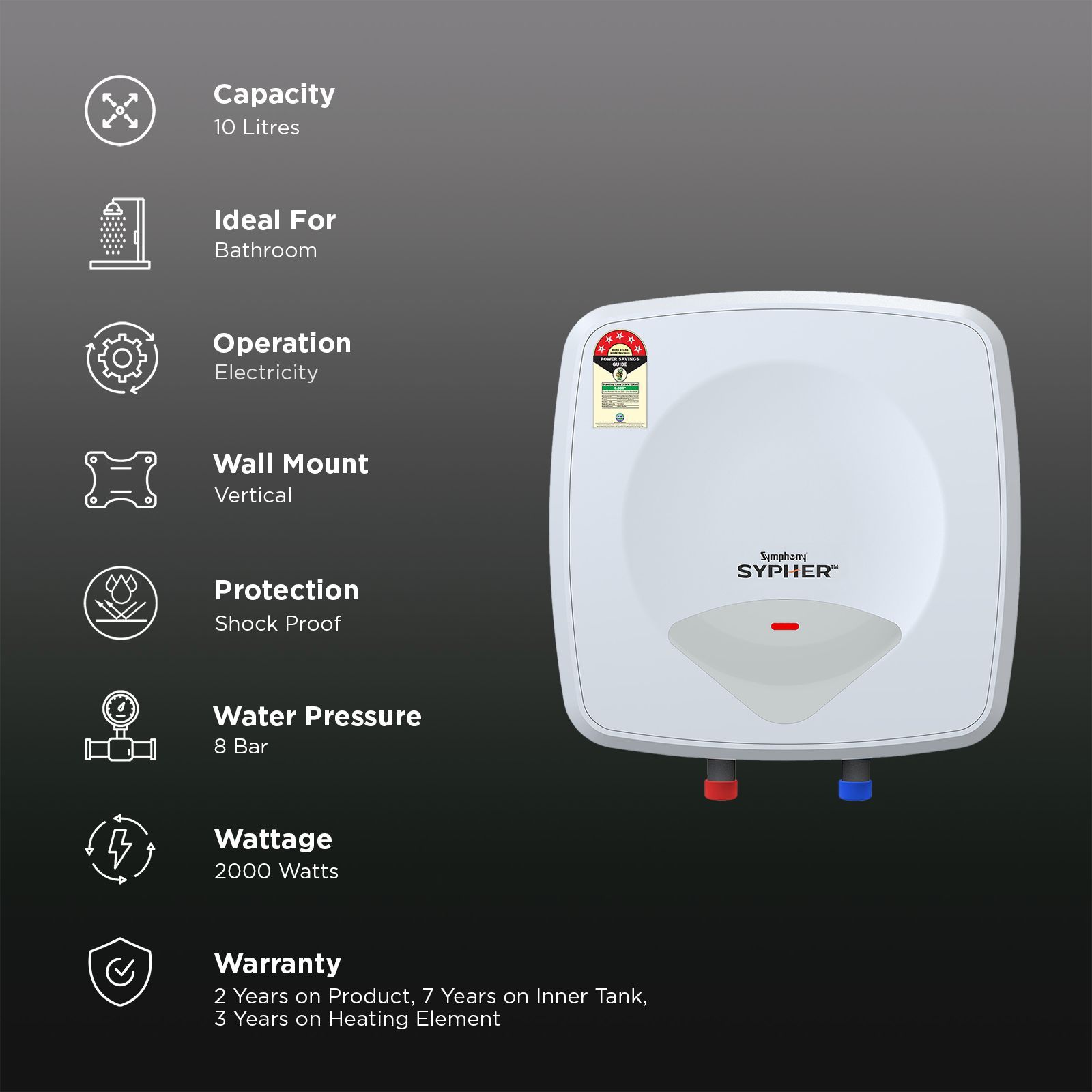 Symphony Sypher 10 Litre 5 Star Vertical Storage Geyser with Safety Valve (White)_3