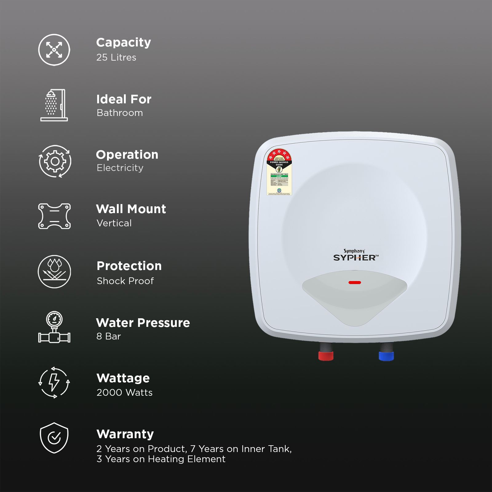 Symphony Sypher 25 Litre 5 Star Vertical Storage Geyser with Safety Valve (White)_3