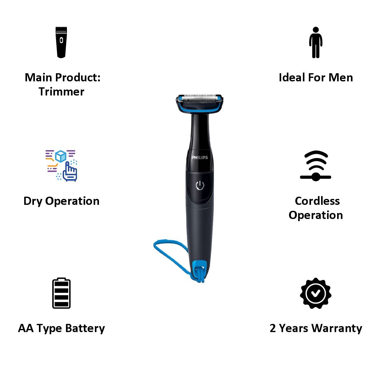 PHILIPS Bodygroom Series 1000 Cordless Dry Trimmer for Body for Men (Up To 2 Months Runtime, Washable Heads, Black)_4
