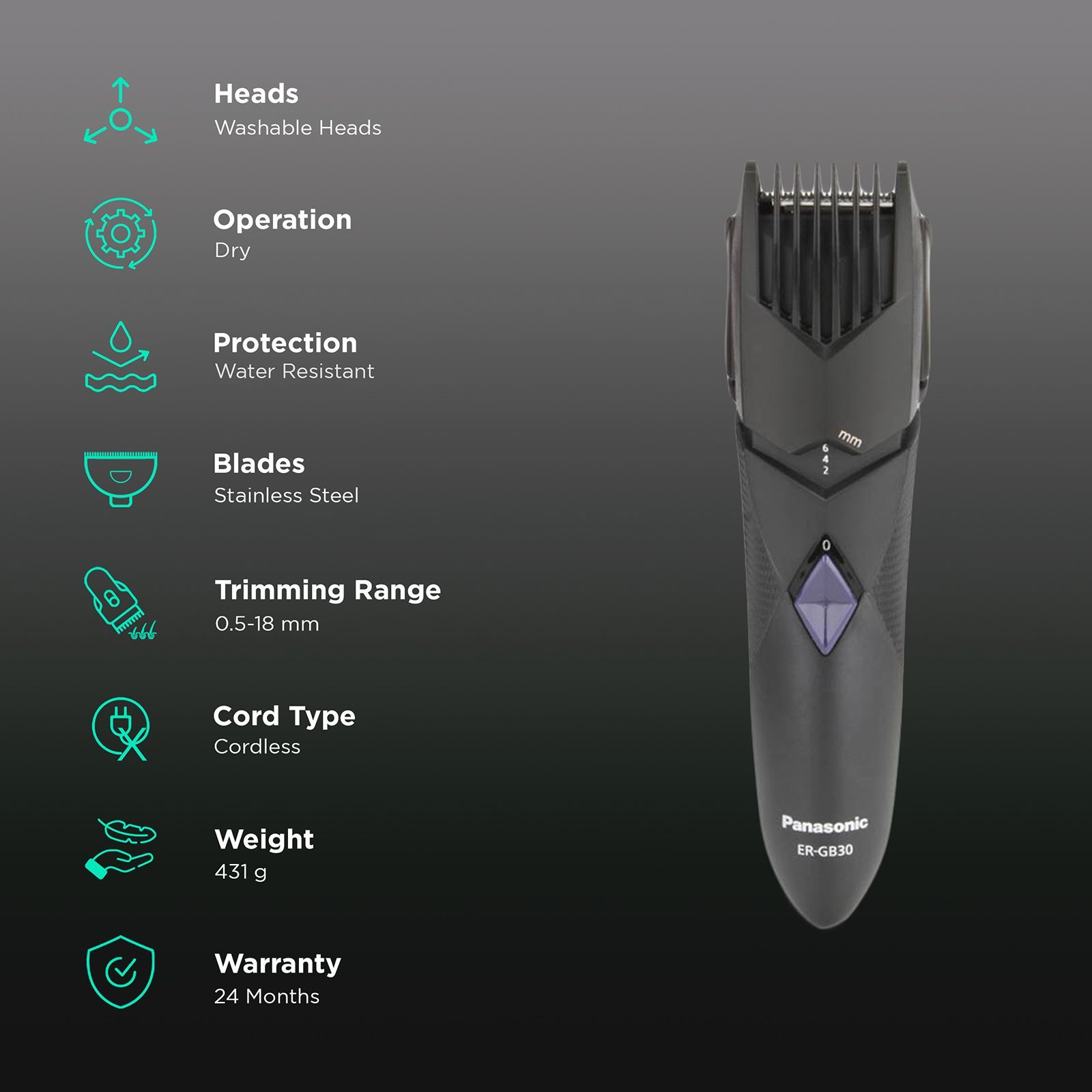 Panasonic ER-GB30 Cordless Dry Trimmer for Body Grooming, Beard & Moustache with 8 Length Settings for Men (30mins Runtime, Quick Adjust Dial, Black)_2