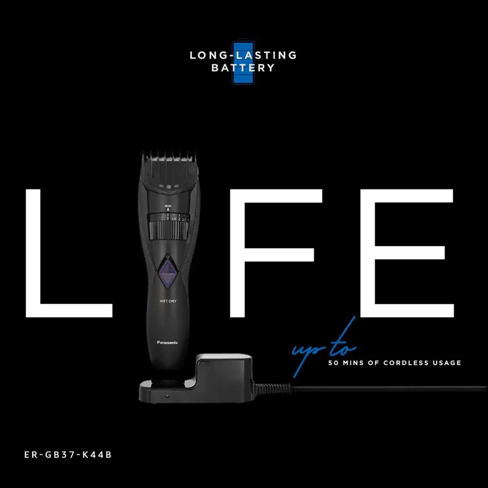 Panasonic ER-GB37 Rechargeable Corded & Cordless Wet & Dry Trimmer for Body Grooming, Beard & Moustache with 20 Length Settings for Men (50mins Runtime, Japanese Blade Technology, Black & Grey) Panasonic ER-GB37 Rechargeable Corded & Cordless Wet & Dry Trimmer for Body Grooming, Beard & Moustache with 20 Length Settings for Men (50mins Runtime, Japanese Blade Technology, Black & Grey)_9