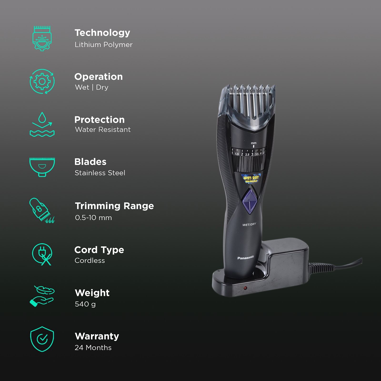 Panasonic ER-GB37 Rechargeable Corded & Cordless Wet & Dry Trimmer for Body Grooming, Beard & Moustache with 20 Length Settings for Men (50mins Runtime, Japanese Blade Technology, Black & Grey) Panasonic ER-GB37 Rechargeable Corded & Cordless Wet & Dry Trimmer for Body Grooming, Beard & Moustache with 20 Length Settings for Men (50mins Runtime, Japanese Blade Technology, Black & Grey)_2