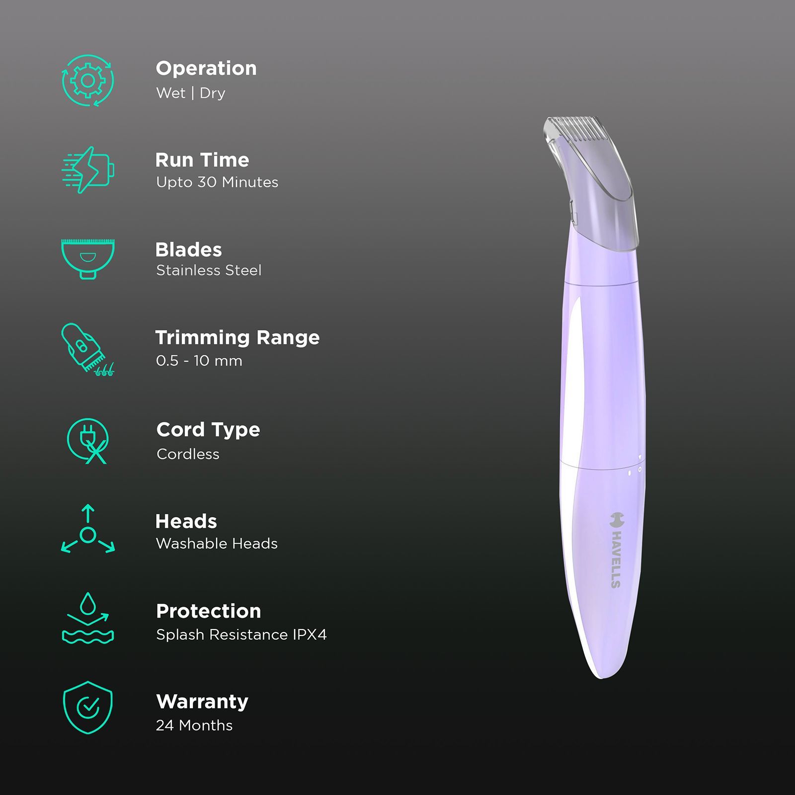 HAVELLS FD5001 Cordless Wet and Dry Trimmer for Women (Rubberised Grip, Purple)_2