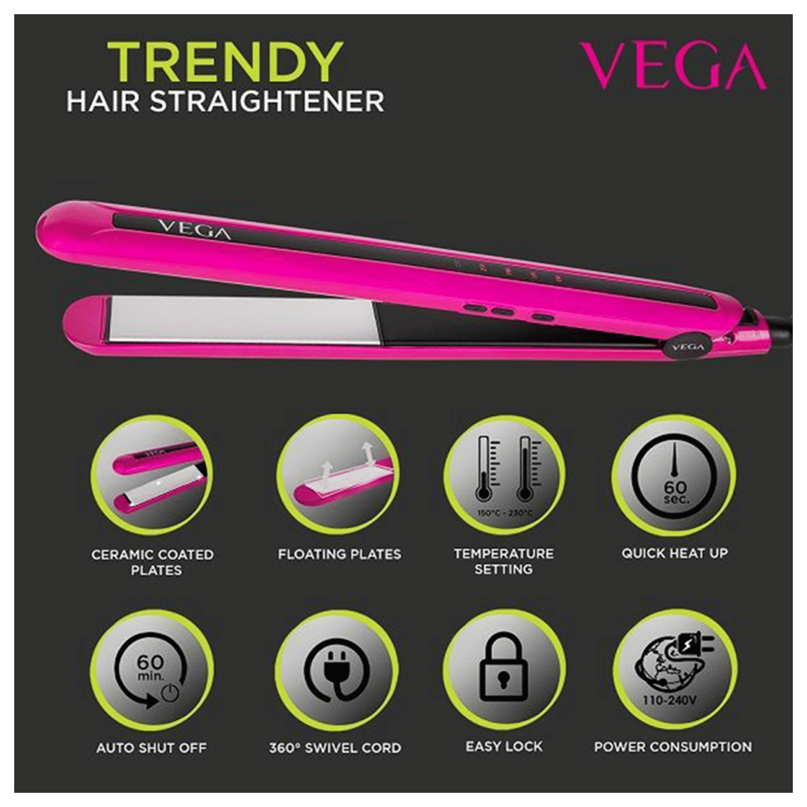 VEGA Trendy Hair Straightener with LED Indicator (Ceramic Plates, Magenta)_9