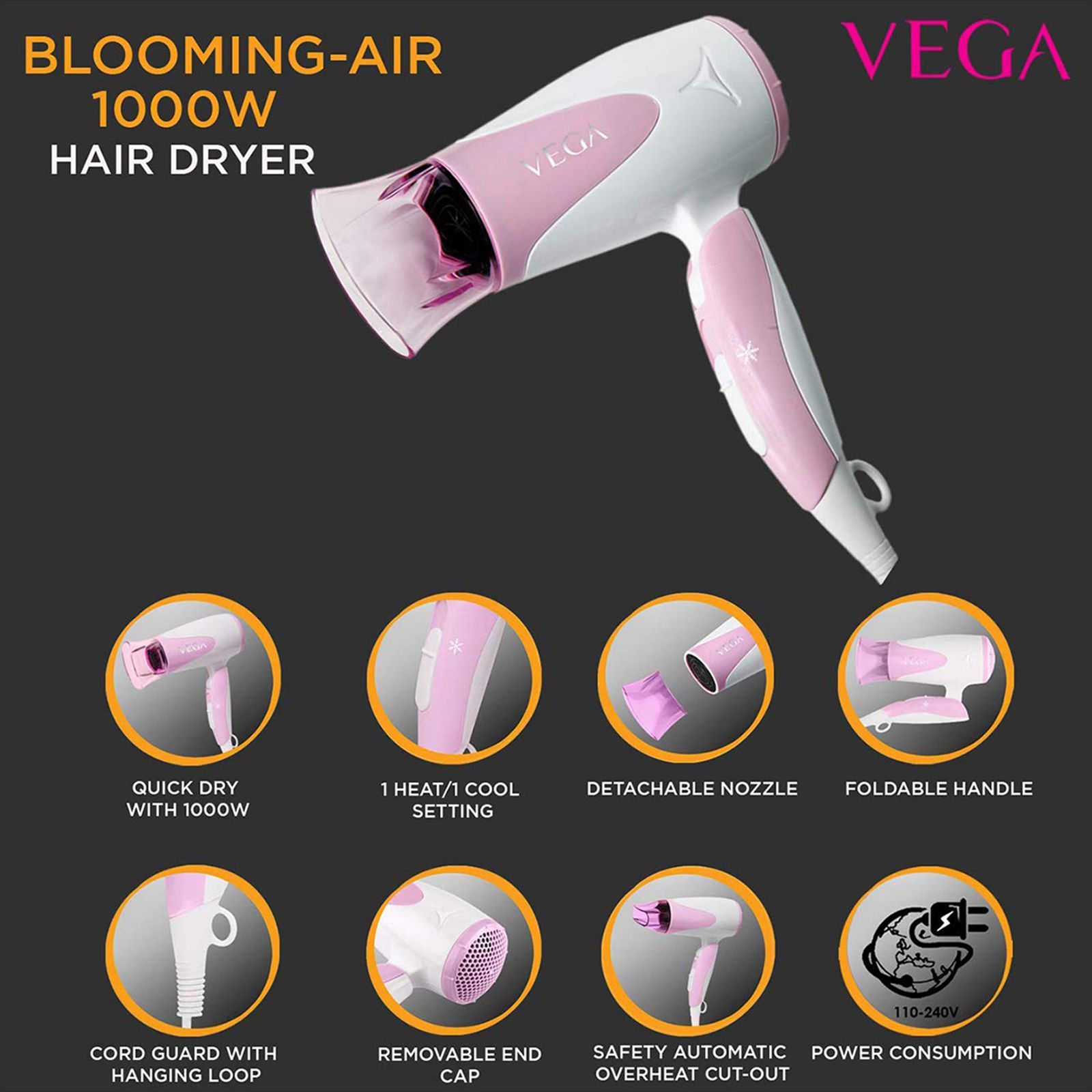 VEGA Blooming Air Hair Dryer with 2 Heat Settings (Contemporary Redolence Technology, White & Pink)_9