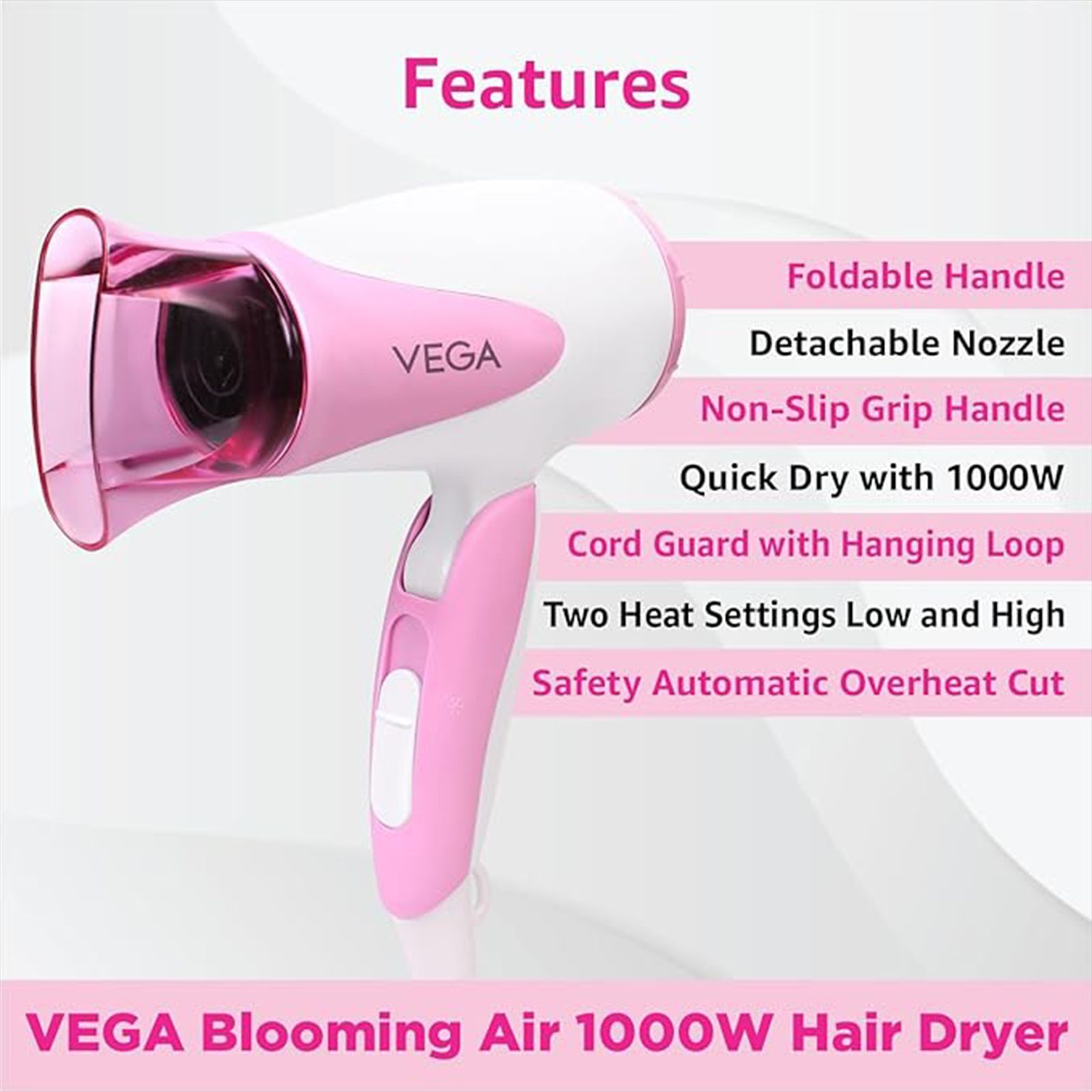 VEGA Blooming Air Hair Dryer with 2 Heat Settings (Contemporary Redolence Technology, White & Pink)_10