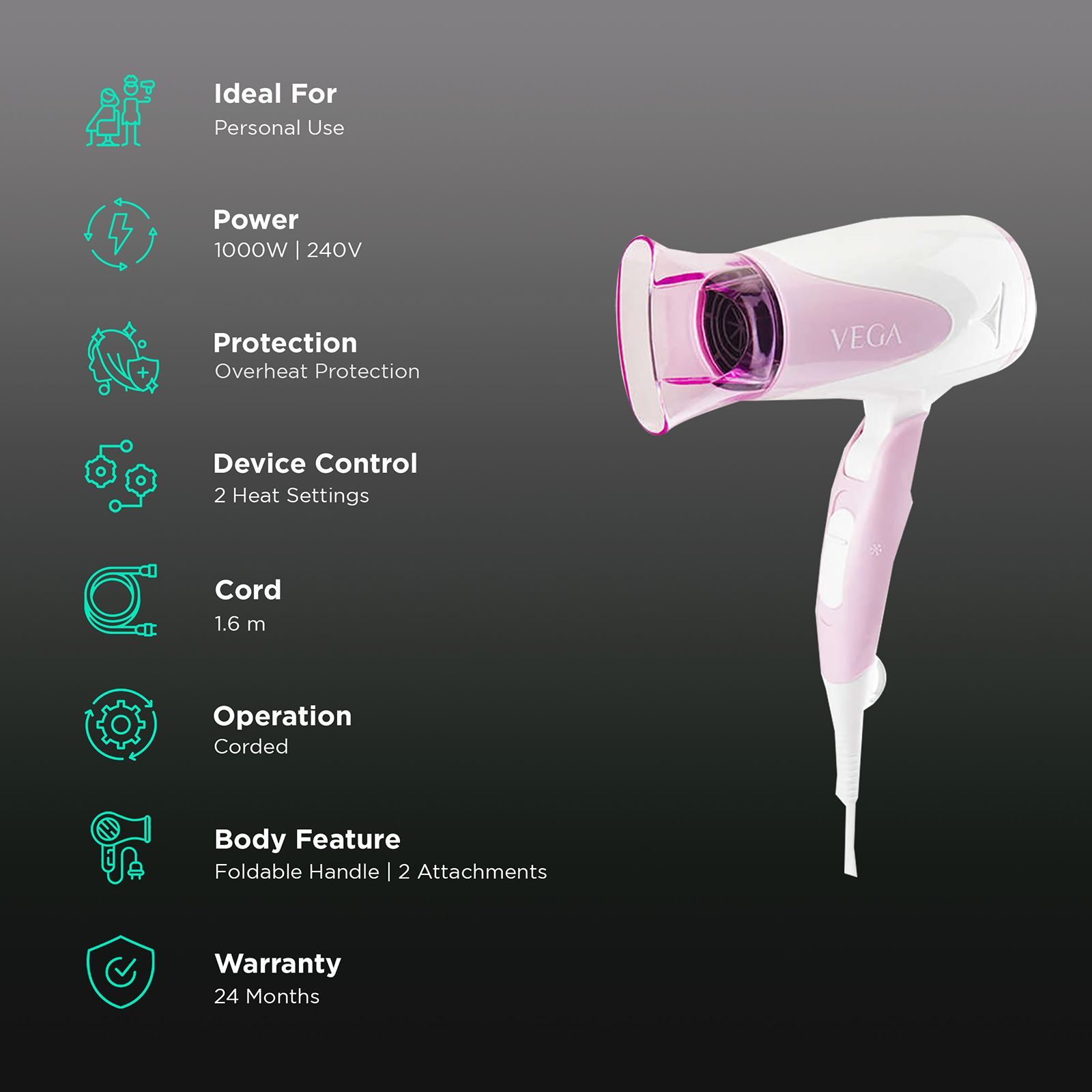 VEGA Blooming Air Hair Dryer with 2 Heat Settings (Contemporary Redolence Technology, White & Pink)_2