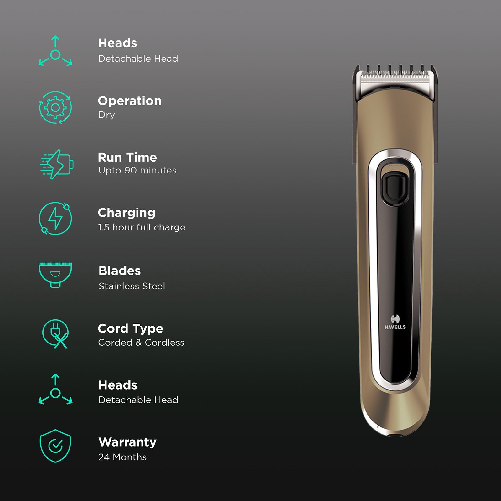 HAVELLS GS6451 4-in-1 Rechargeable Corded & Cordless Grooming Kit for Hair & Beard for Men (90min Runtime, Fast Charging, Brown)_2