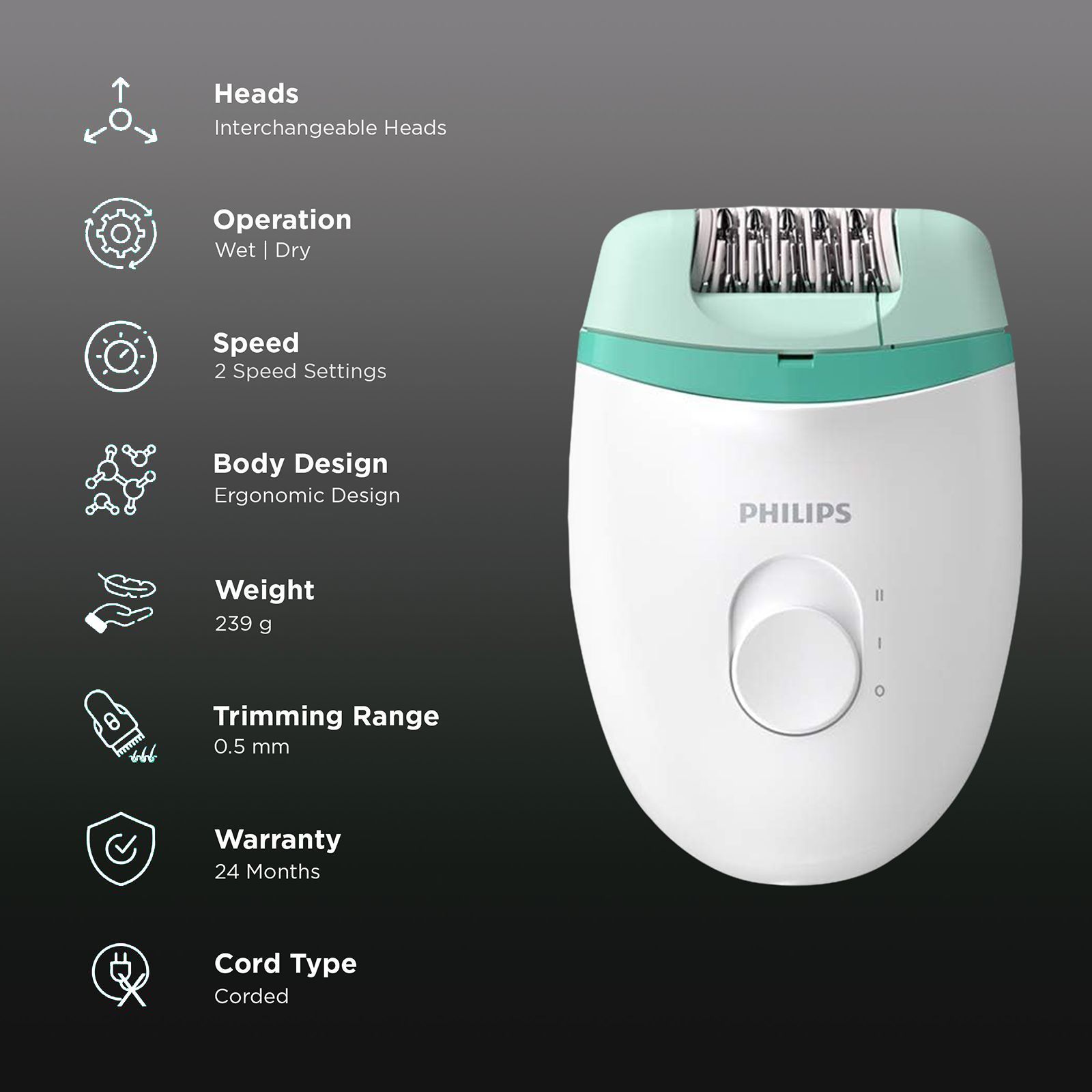 PHILIPS Satinelle Essential Corded Wet & Dry Epilator for Arms, Legs & Intimate Areas with 2 Interchangeable Heads (Efficient Epilation System, White & Green) PHILIPS Satinelle Essential Corded Wet & Dry Epilator for Arms, Legs & Intimate Areas with 2 Interchangeable Heads (Efficient Epilation System, White & Green)_2