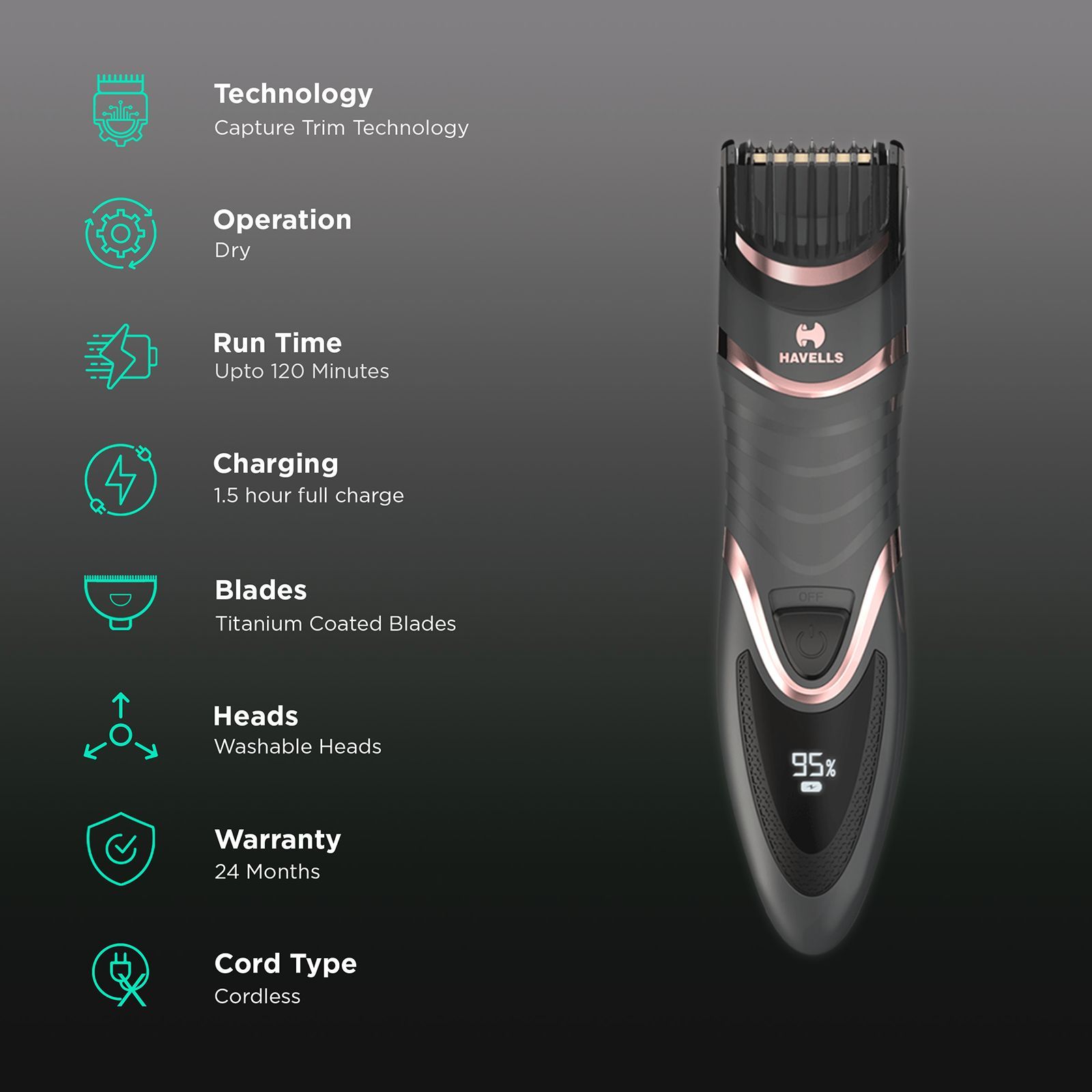 HAVELLS BT9010 Cordless Dry Trimmer for Beard with 20 Length Settings for Men (Nickel Metal Hydride Battery, Black)_2