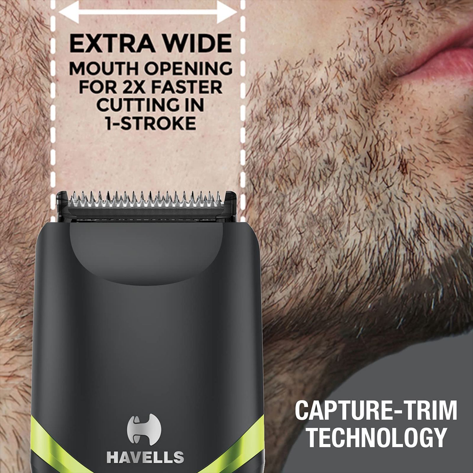 HAVELLS BT9003 Rechargeable Cordless Dry Trimmer for Beard & Moustache with 20 Length Settings for Men (50mins Runtime, Capture Trim Technology, Black & Green)_8