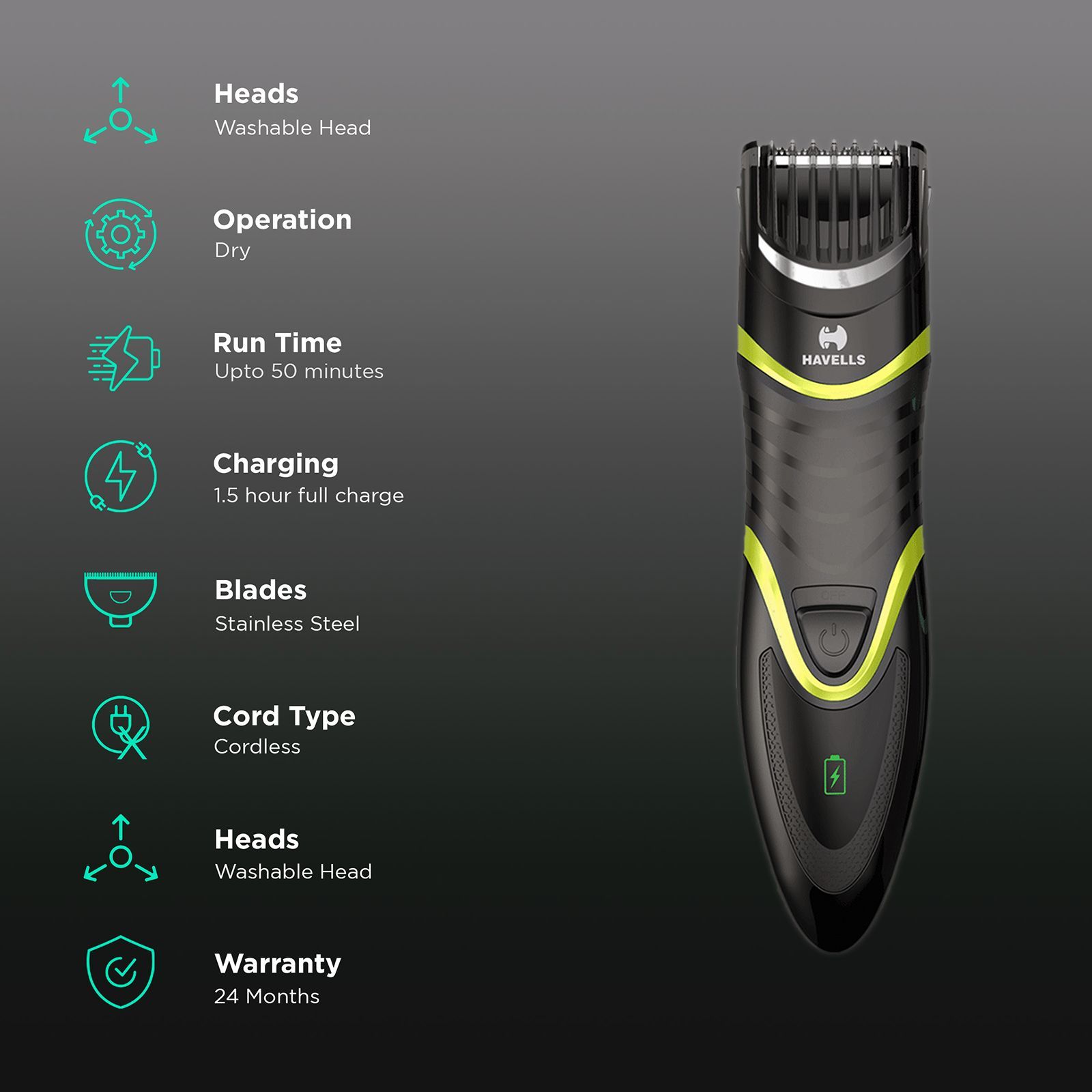 HAVELLS BT9003 Rechargeable Cordless Dry Trimmer for Beard & Moustache with 20 Length Settings for Men (50mins Runtime, Capture Trim Technology, Black & Green)_2