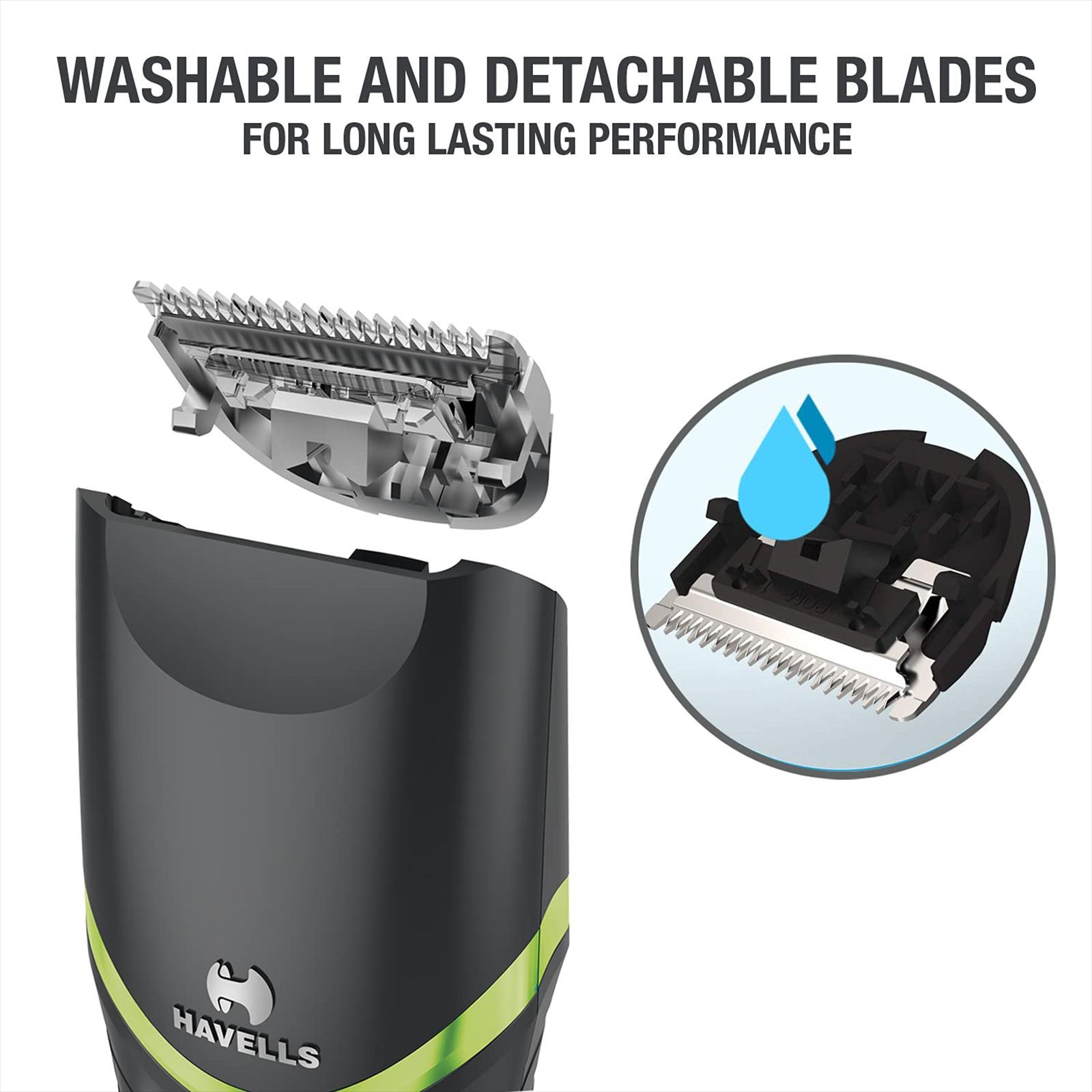 HAVELLS BT9003 Rechargeable Cordless Dry Trimmer for Beard & Moustache with 20 Length Settings for Men (50mins Runtime, Capture Trim Technology, Black & Green)_4