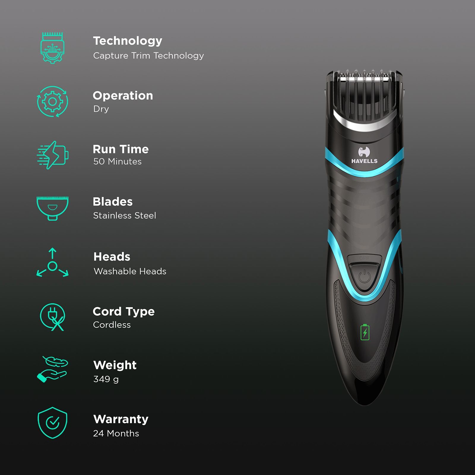 HAVELLS BT900 Rechargeable Corded & Cordless Dry Trimmer for Body Grooming, Beard & Moustache with 20 Length Settings for Men (50mins Runtime, USB Quick Charge, Black)_2