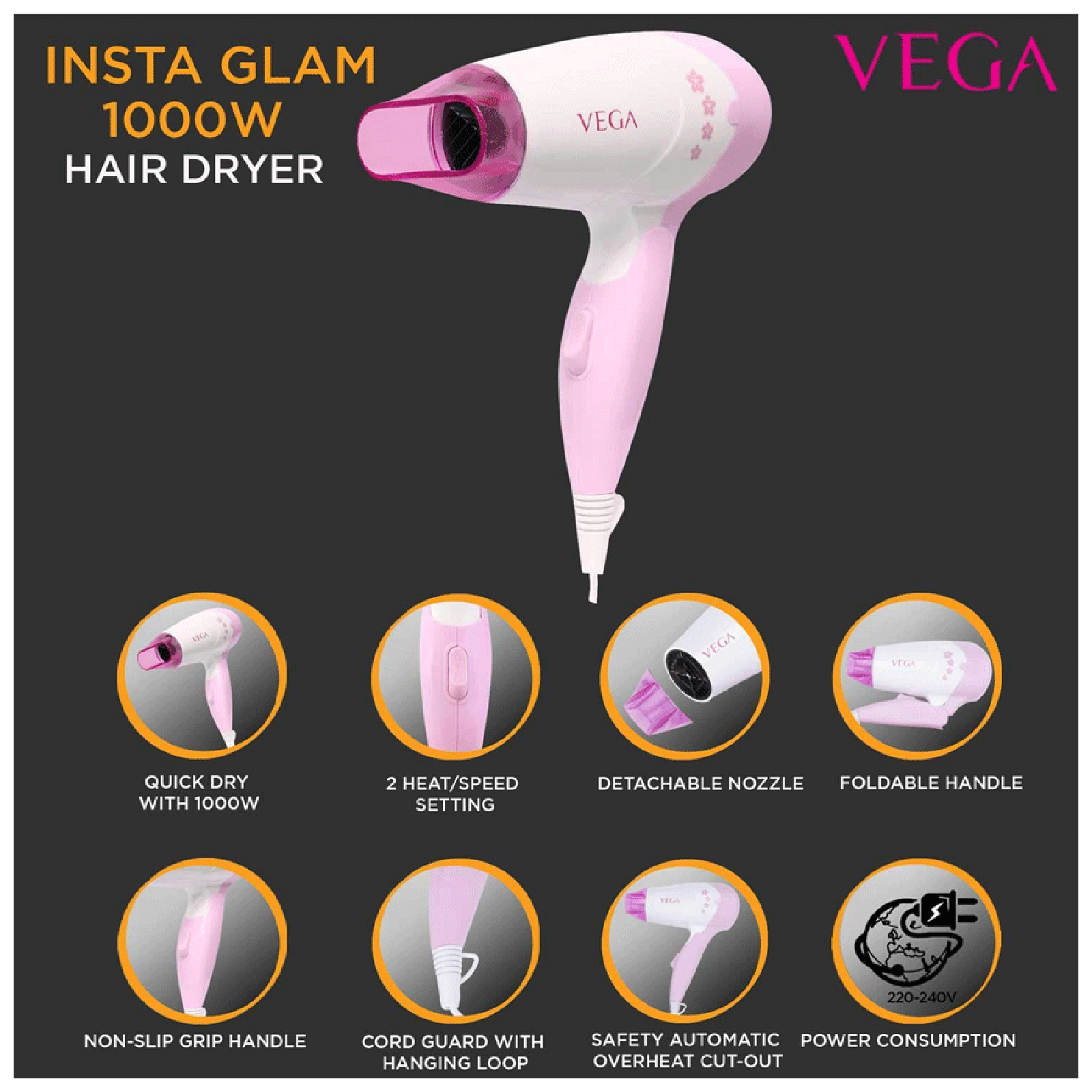 VEGA Insta Glam Hair Dryer with 2 Heat Settings (Overheat Protection, White & Pink)_5