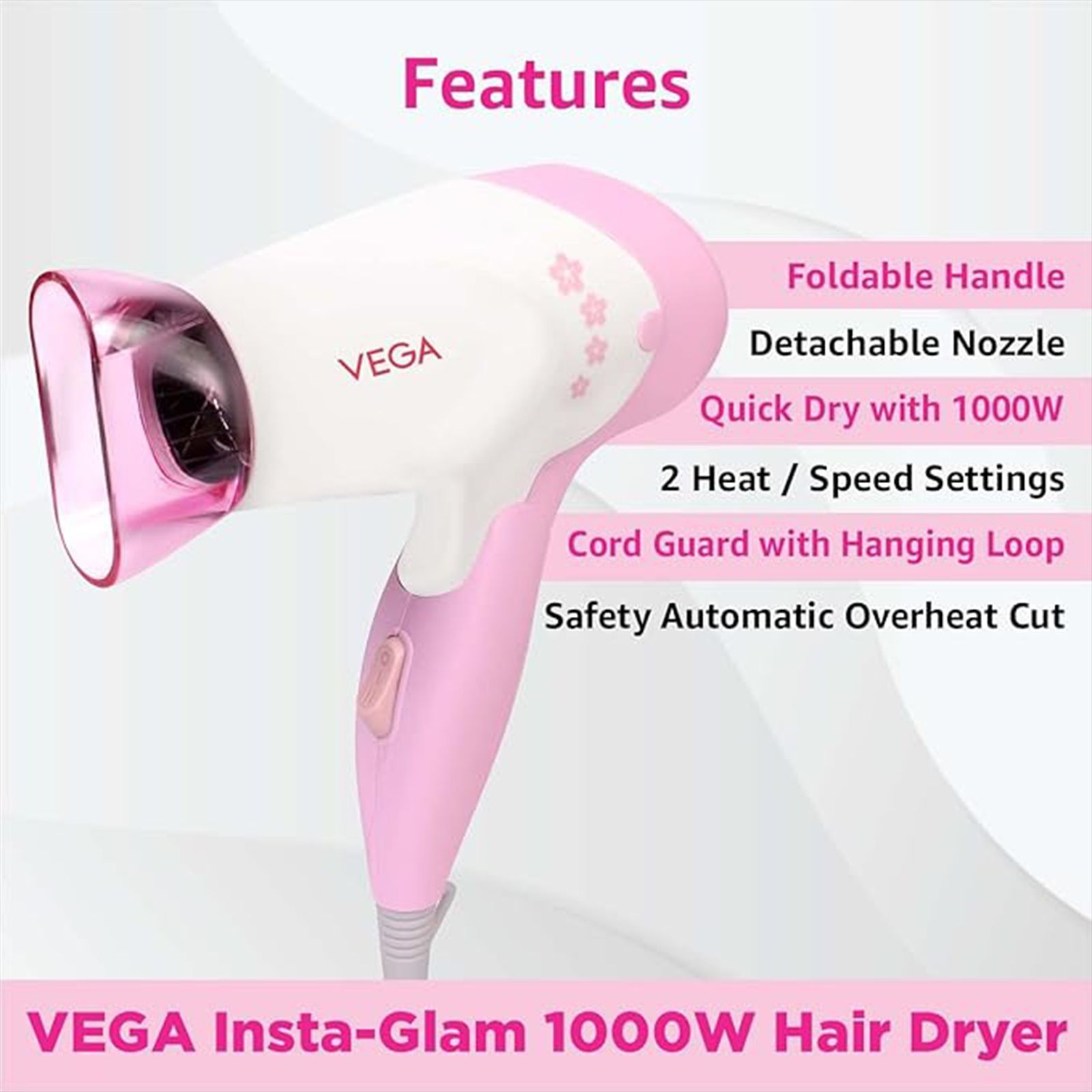 VEGA Insta Glam Hair Dryer with 2 Heat Settings (Overheat Protection, White & Pink)_9