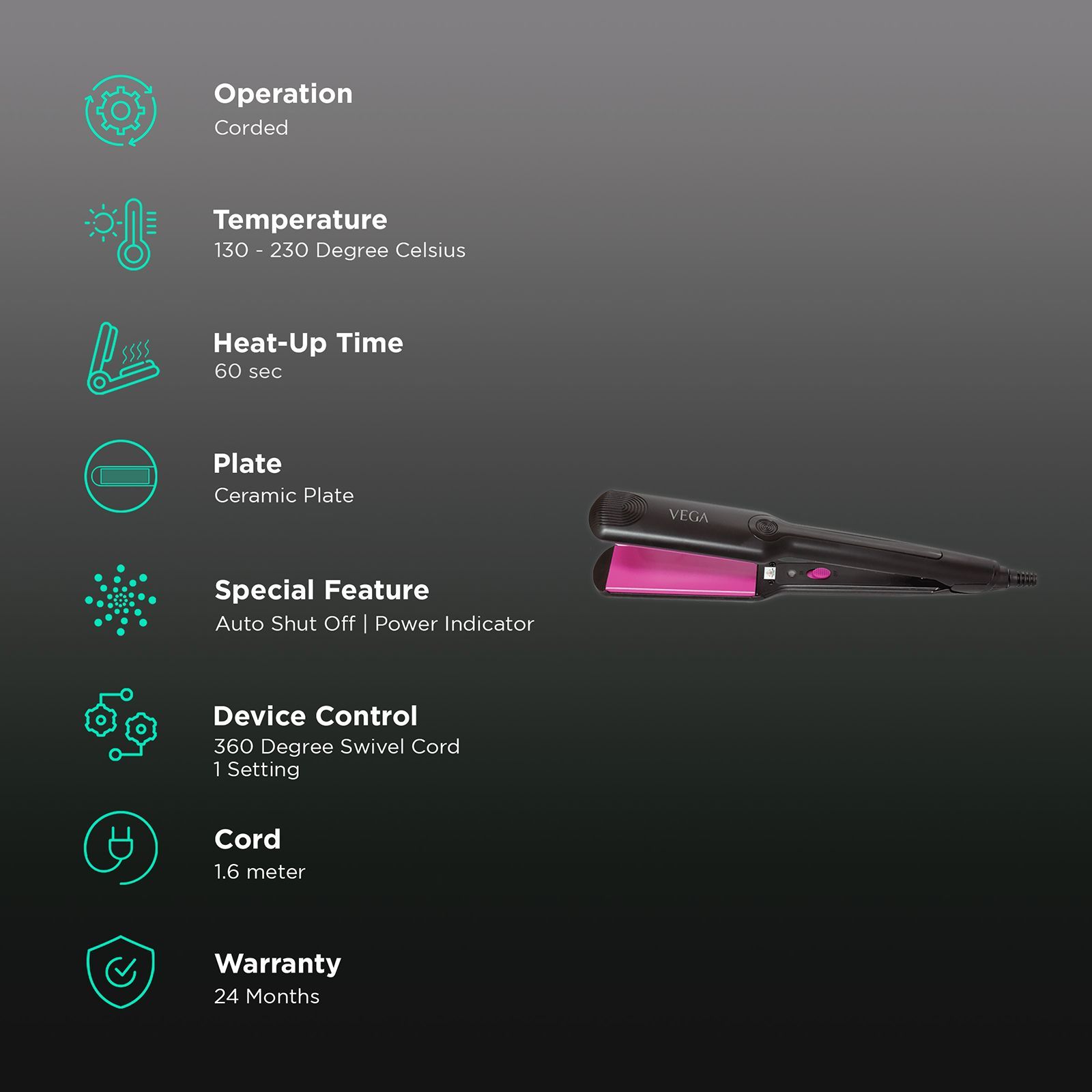 VEGA I-Kandy Hair Straightener with Fast Heat-Up (Ceramic Plates, Grey) VEGA I-Kandy Hair Straightener with Fast Heat-Up (Ceramic Plates, Grey)_3