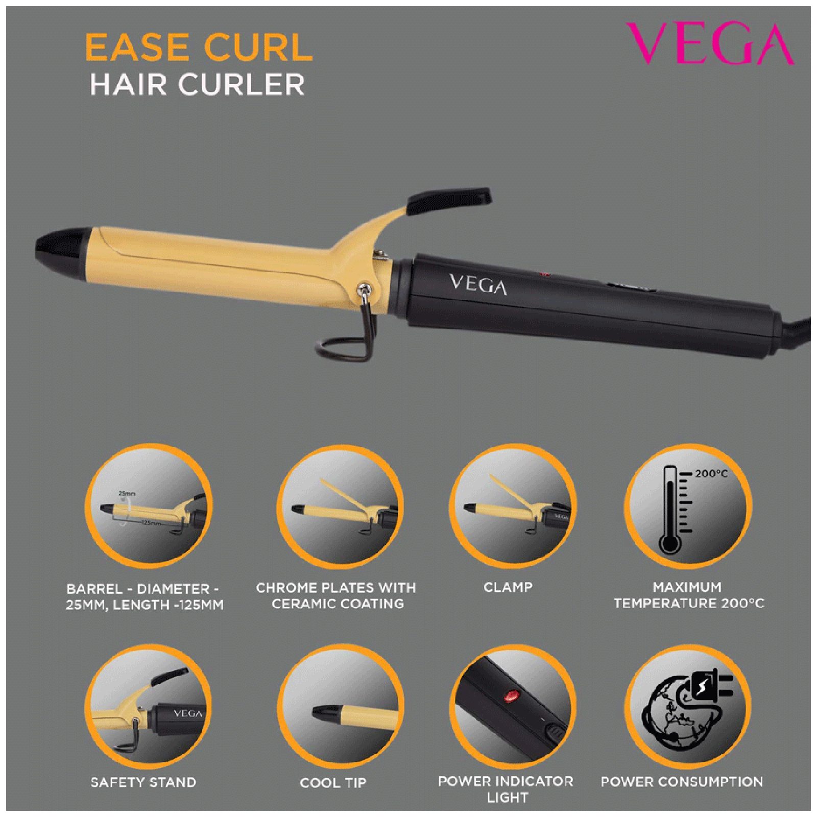 VEGA Ease Hair Styler with Ceramic Coating Technology (Cool Insulated Tip, Gold & Black)_9