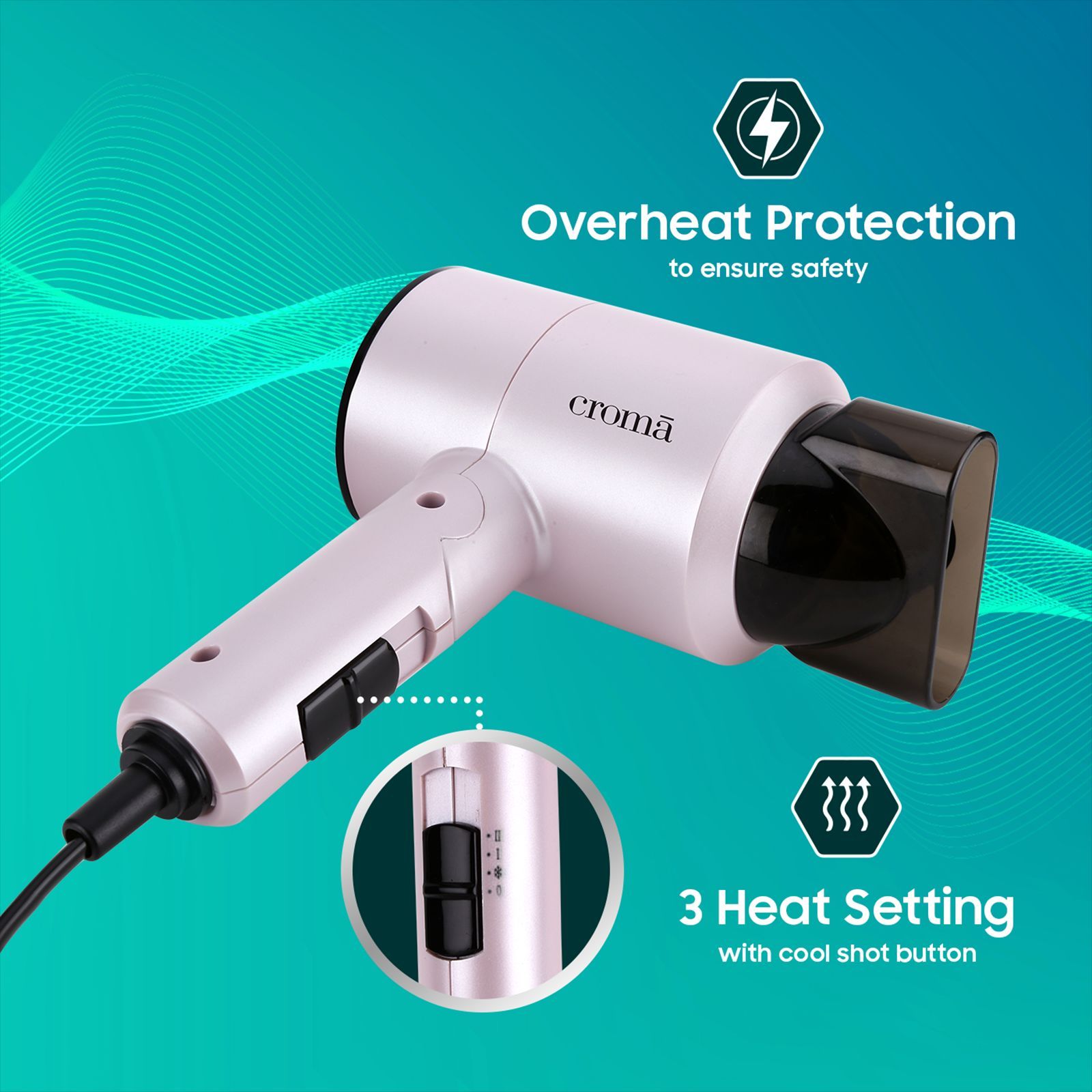 Croma Hair Dryer with 3 Heat Settings & Cool Shot (Overheat Protection, Pink)_12