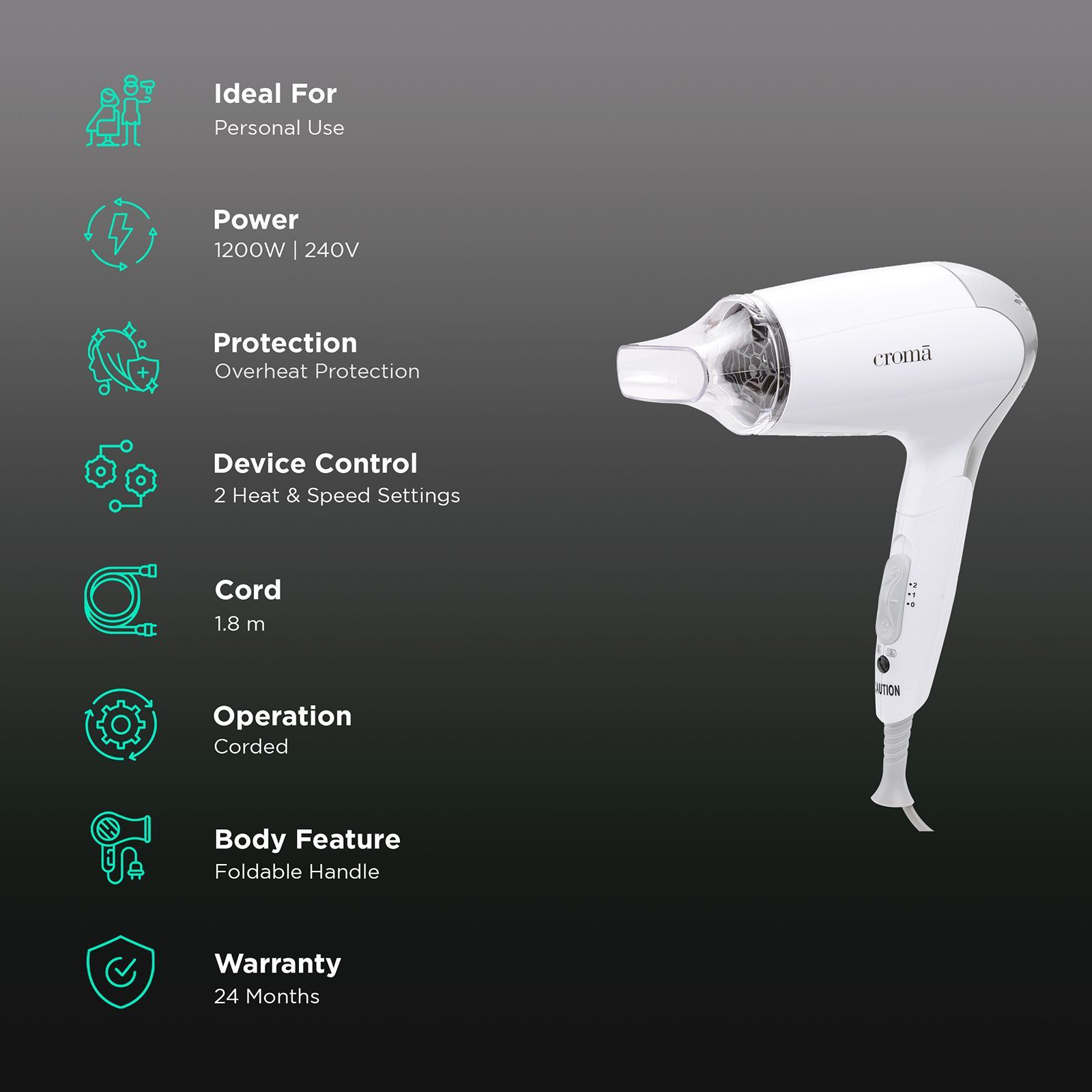 Croma Hair Dryer with 2 Heat Settings (Dual Voltage Knob, White) Croma Hair Dryer with 2 Heat Settings (Dual Voltage Knob, White)_2