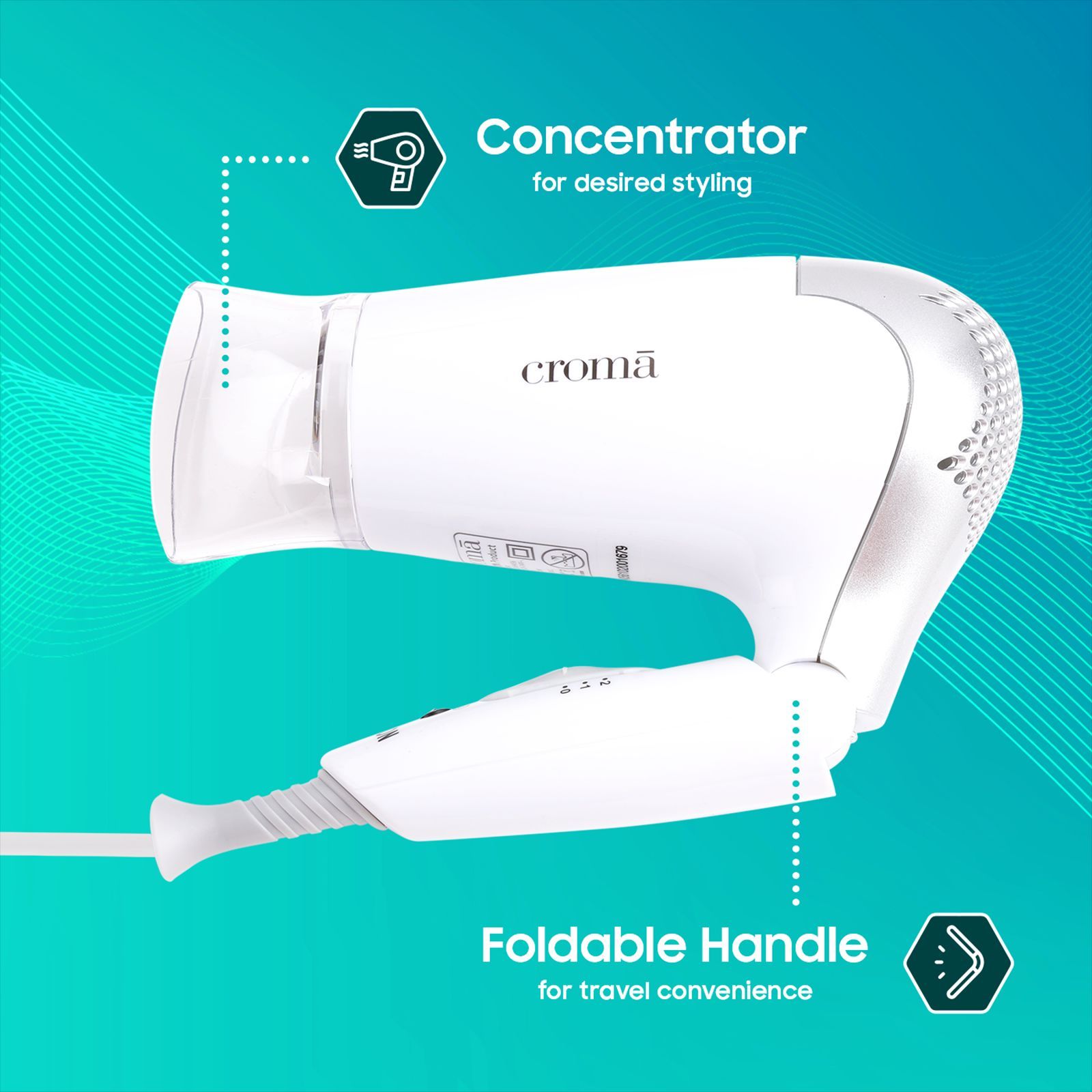 Croma Hair Dryer with 2 Heat Settings (Dual Voltage Knob, White) Croma Hair Dryer with 2 Heat Settings (Dual Voltage Knob, White)_3