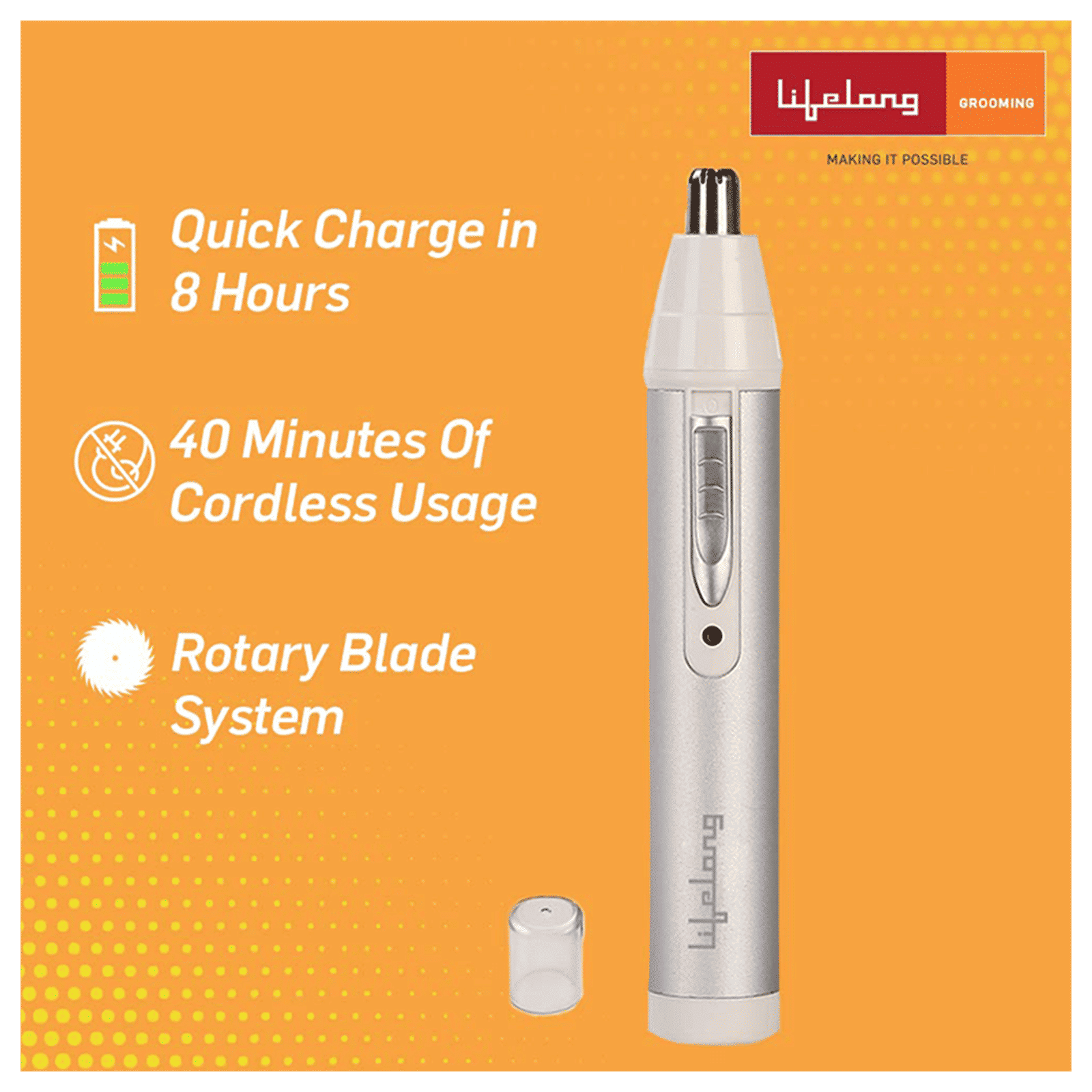 Lifelong LLPCM03 Rechargeable Cordless Dry Trimmer for Nose & Ear with 1 Length Settings for Men & Women (40mins Runtime, Rotary Blade System, Silver)_7