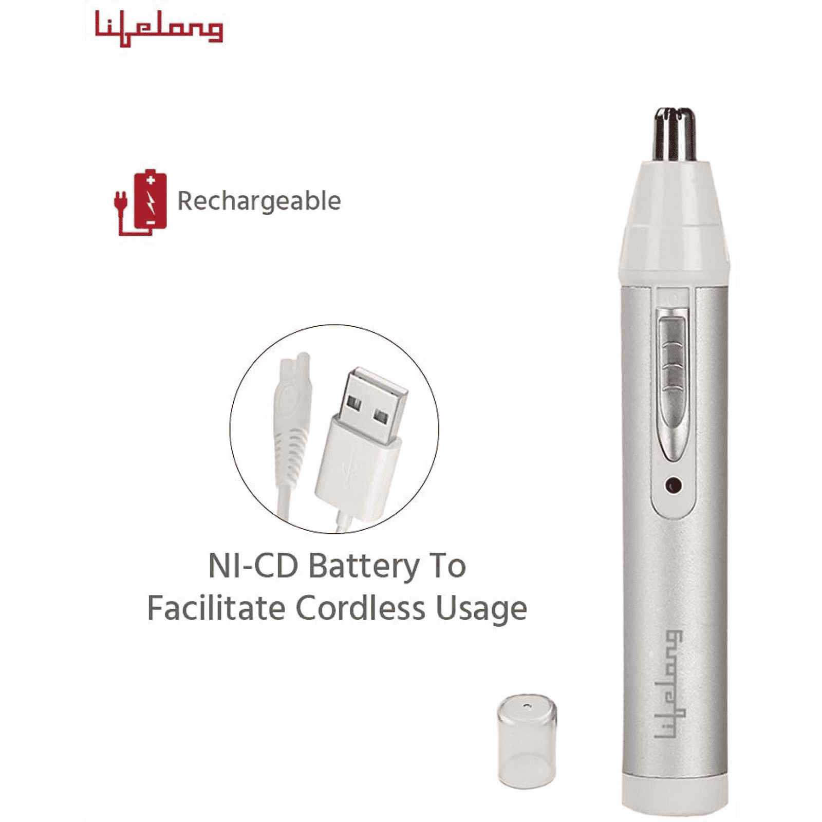 Lifelong LLPCM03 Rechargeable Cordless Dry Trimmer for Nose & Ear with 1 Length Settings for Men & Women (40mins Runtime, Rotary Blade System, Silver)_9
